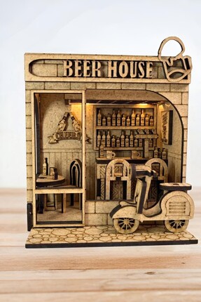 ALGWOOD Ahşap Beer House Minyatür Bar Maketi - 89 Parça Beer House Diorama DI...
