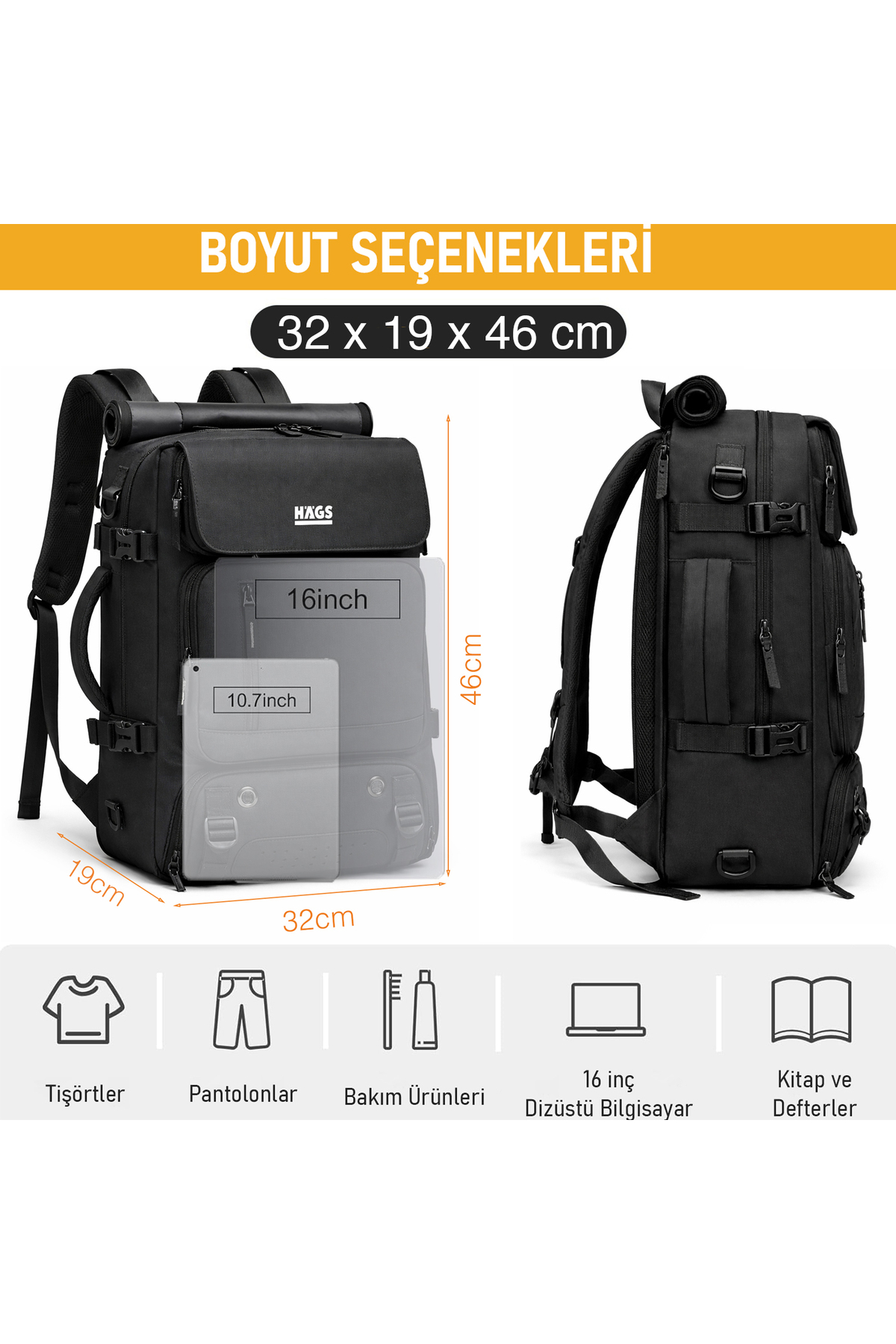 HAEGS  Seyahat Sırt Çantası, 3in1 Dönüştürülebilir Uçak Kabin Onaylı Çanta Kadın, Erkek için Koyu Gri - Görsel 3