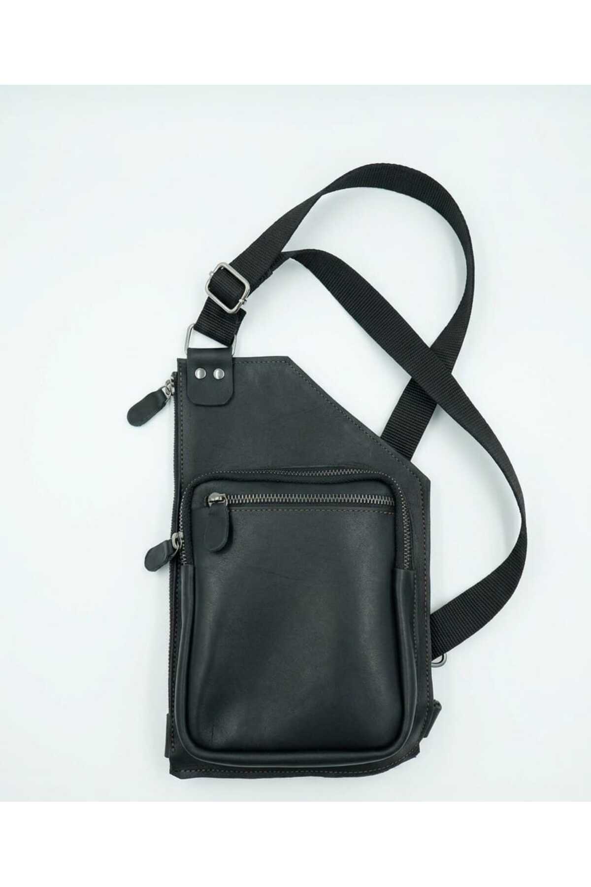 Genuine Leather Functional Body Bag - Multi Compartment Black Crossbody Bag