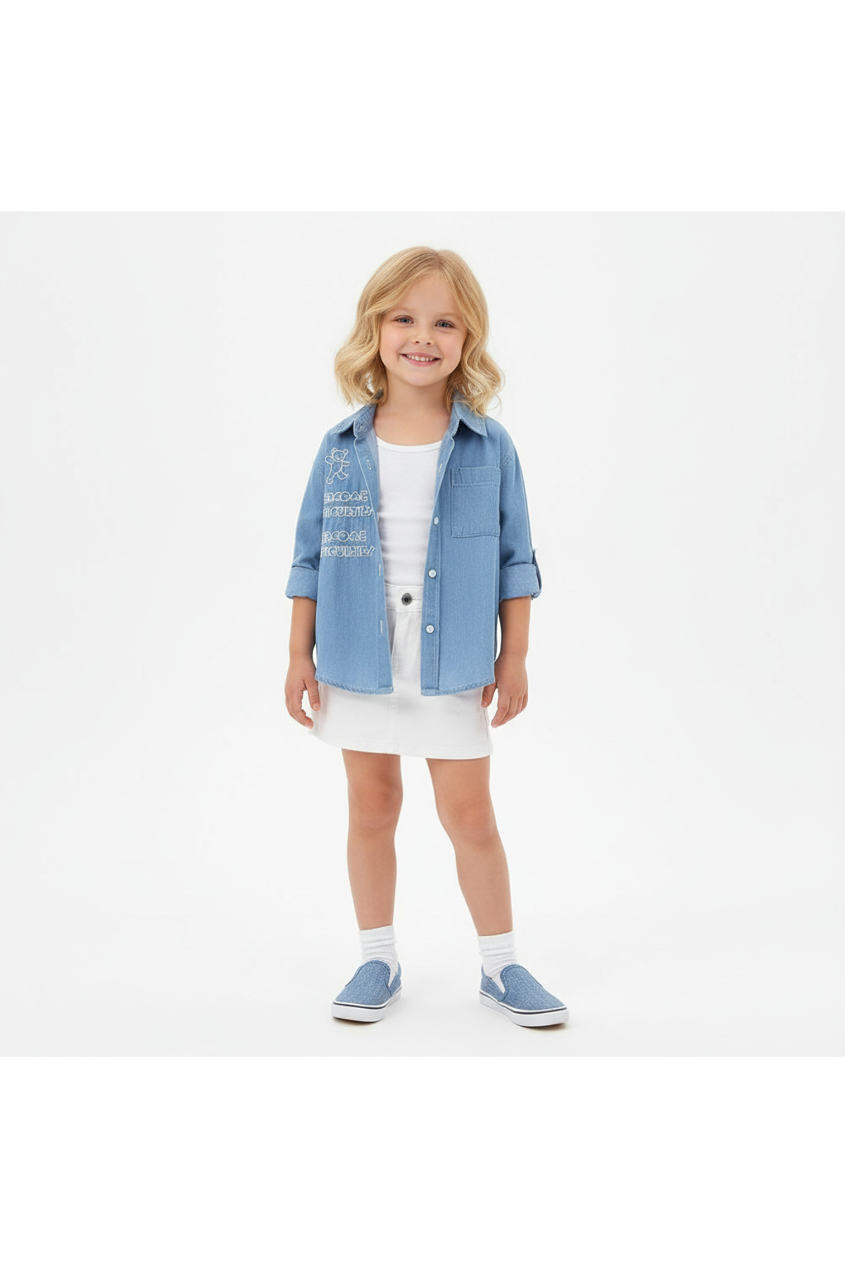 melisam.msg Kız Erkek Çocuk Ayı Nakışlı Denim Gömlek fotoğrafı 2 (önizleme)