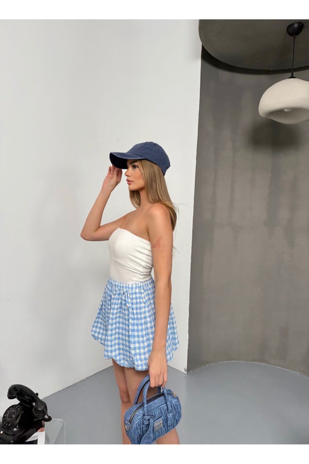 SLAW REZZ  pötikare Yüksek bel şortlu mini balon etek - Görsel 3