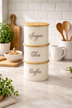 Decorev Kahve Çay Şeker Saklama Kabı 3'lü Set Kapaklı Mutfak Organizer Saklam...