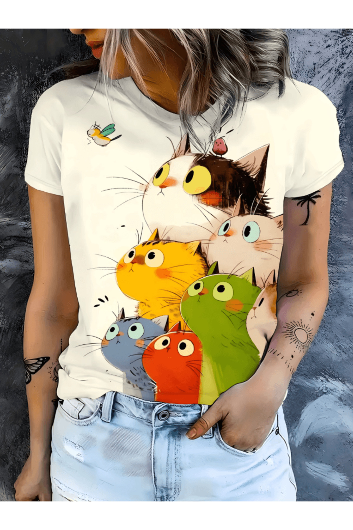 gencerco Slatki Radoznali mačka Štampano Premium Oversize kroj T-shirt