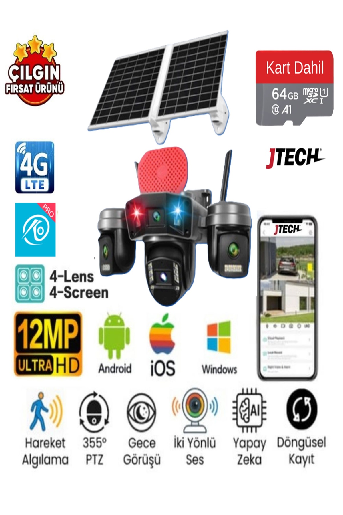 jtech O-Kam Pro OK-336 PREMiUM 4G 12MP Sim Kartlı Solar Panelli Çakarlı 4 Lens 1 PTZ Akıllı Kamera