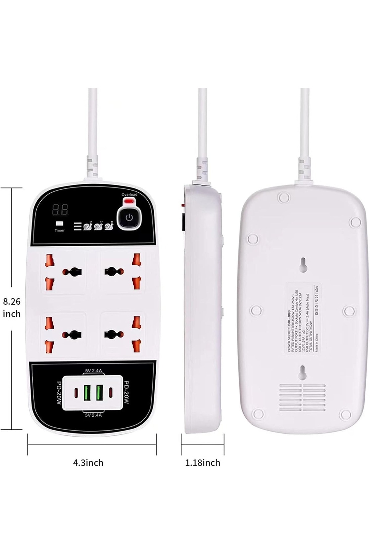 "Four-port power strip with two USB Type-C ports with PD and QC3.0 fast charging technology