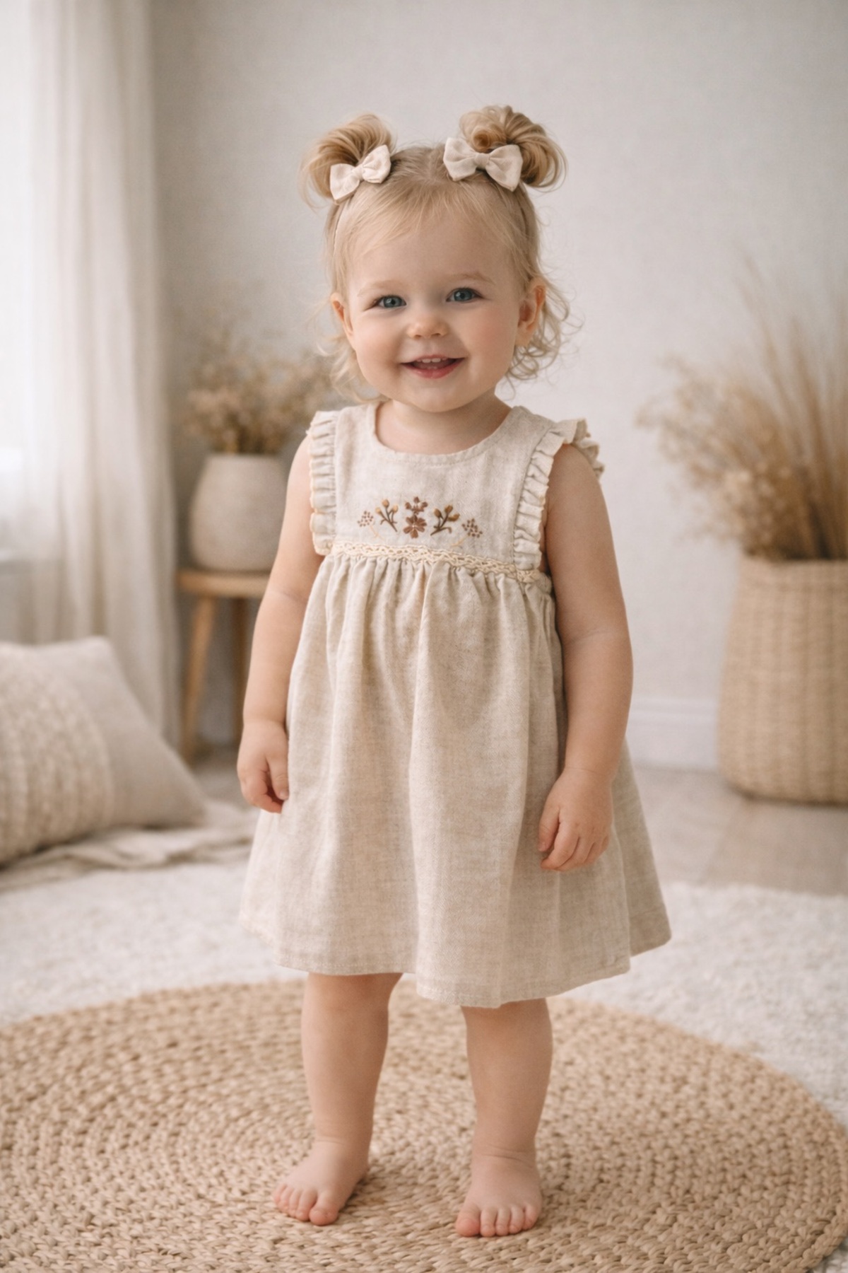 ALAMODECOR %100 Pamuk Keten Çiçek İşlemeli Kız Bebek Elbisesi fotoğrafı 3 (önizleme)