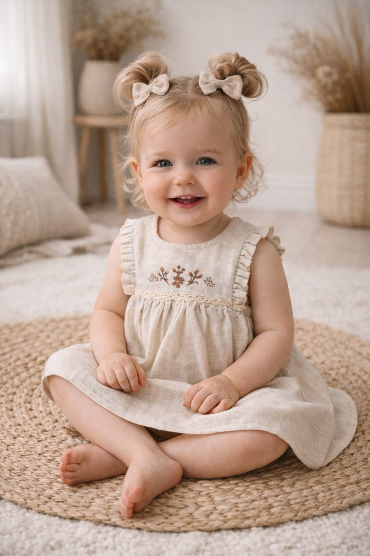 ALAMODECOR %100 Pamuk Keten Çiçek İşlemeli Kız Bebek Elbisesi fotoğrafı 4 (önizleme)