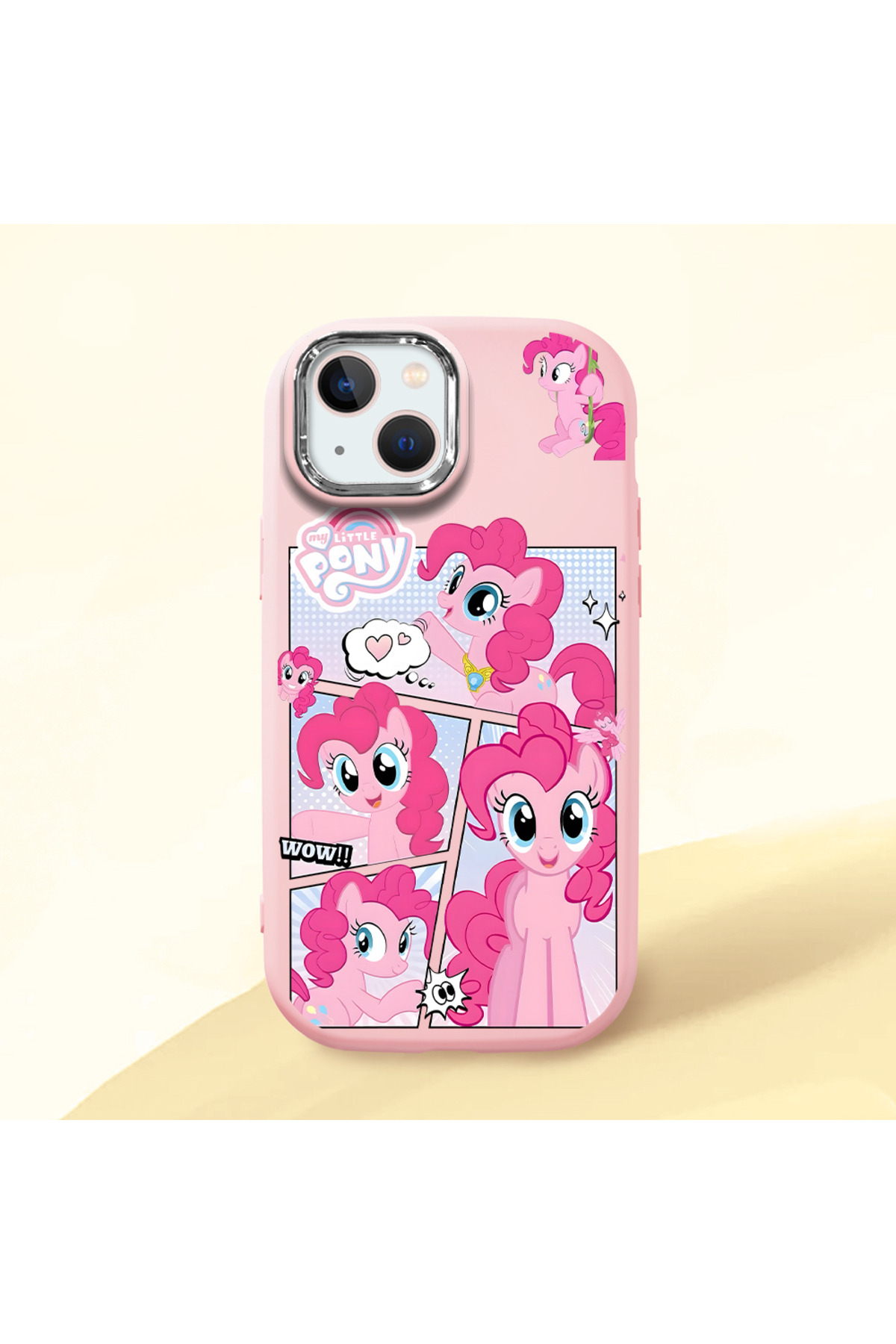 iPhone 13/14 Compatible Shockproof Camera Shielded Pink Silicone Case with Pony Pattern