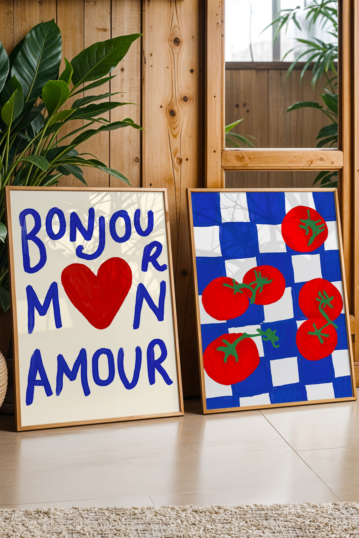 2'li Modern Mutfak Tablo Seti Domates Desenli ve Bonjour Mon Amour Poster Çerçevesiz
