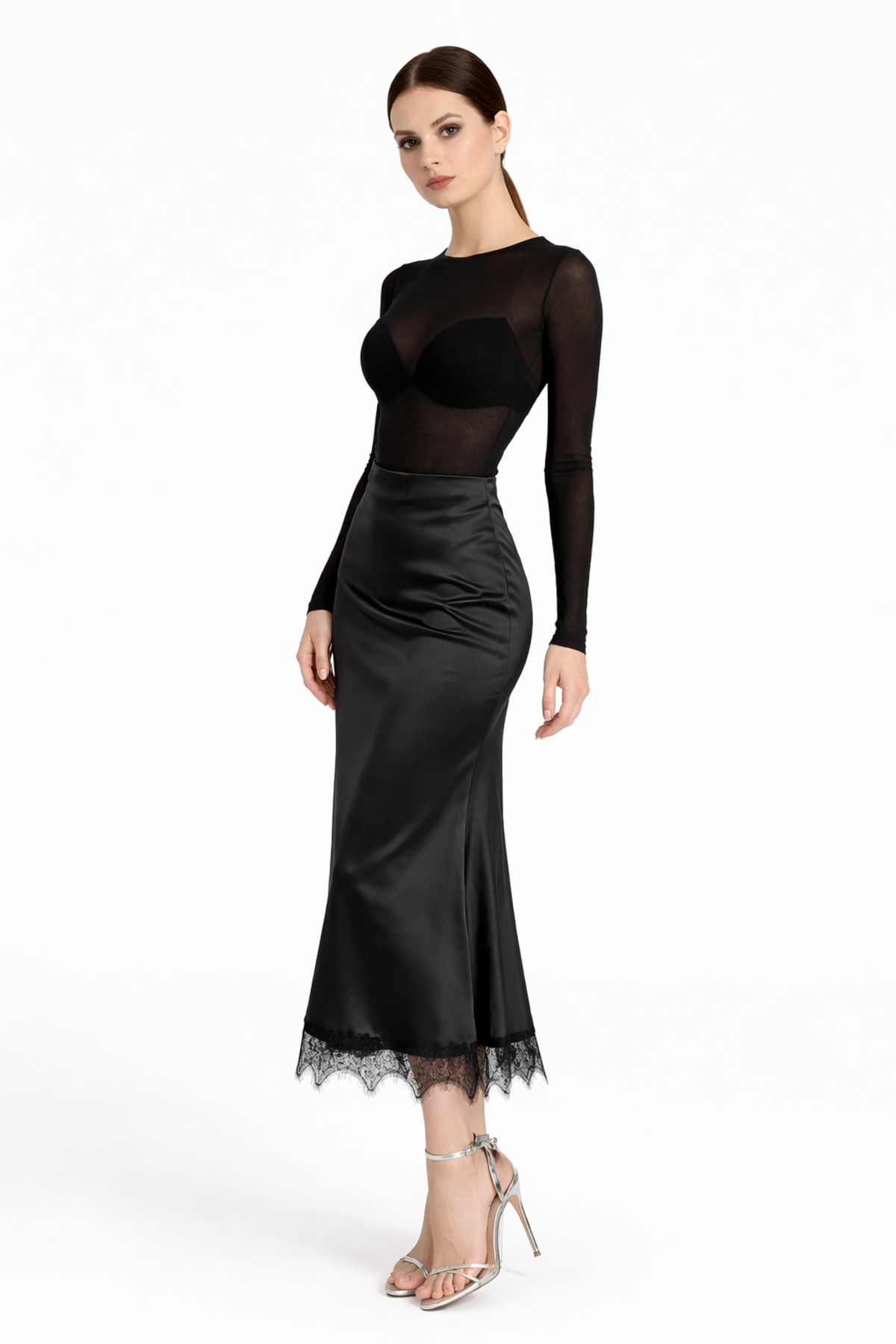 SİROZZİ  Kadın Siyah Saten Etek Dantel Detaylı Midi Boy Şık ve Zarif Saten Etek - Görsel 2