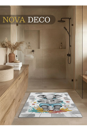 Nova Deco Bornozlu Fil Figürlü Çok Renkli Kaymaz Tabanlı Yıkanabilir Banyo Pa...