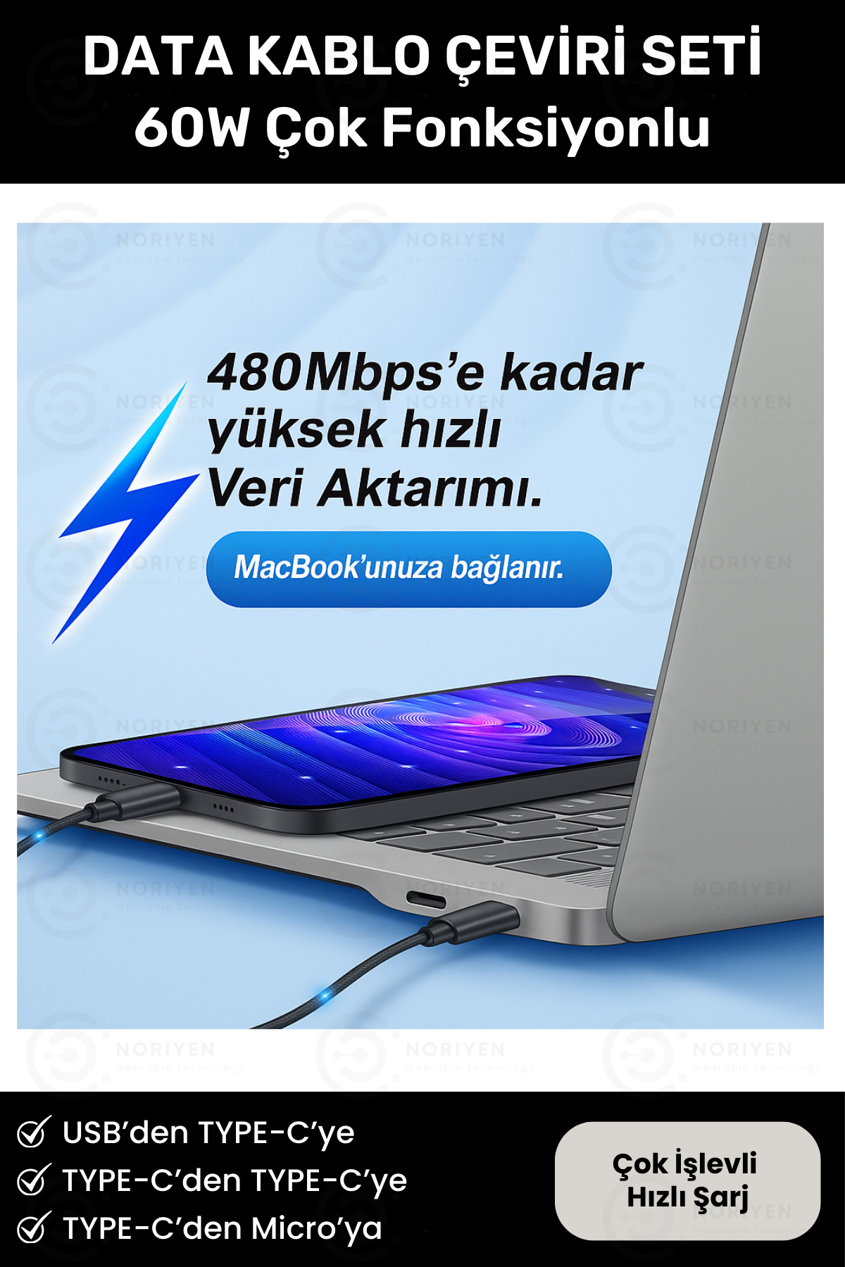 60W Çok Fonksiyonlu Hızlı Şarj Kablo Seti Saklama Kutulu