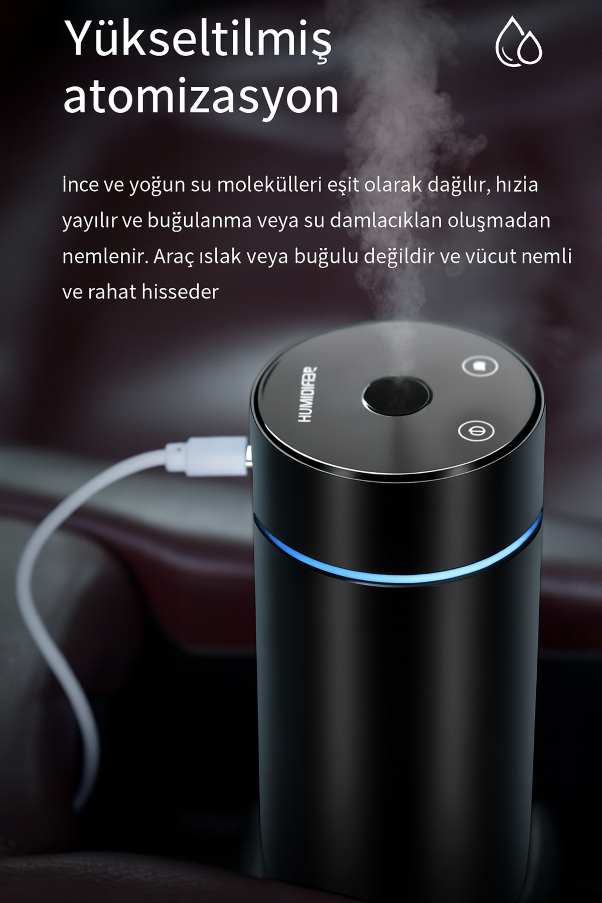 260ml USB Araba Bardaklığına Uyumlu Mini Hava Nemlendirici Ultrasonik Buhar Makinesi Gece Lambalı