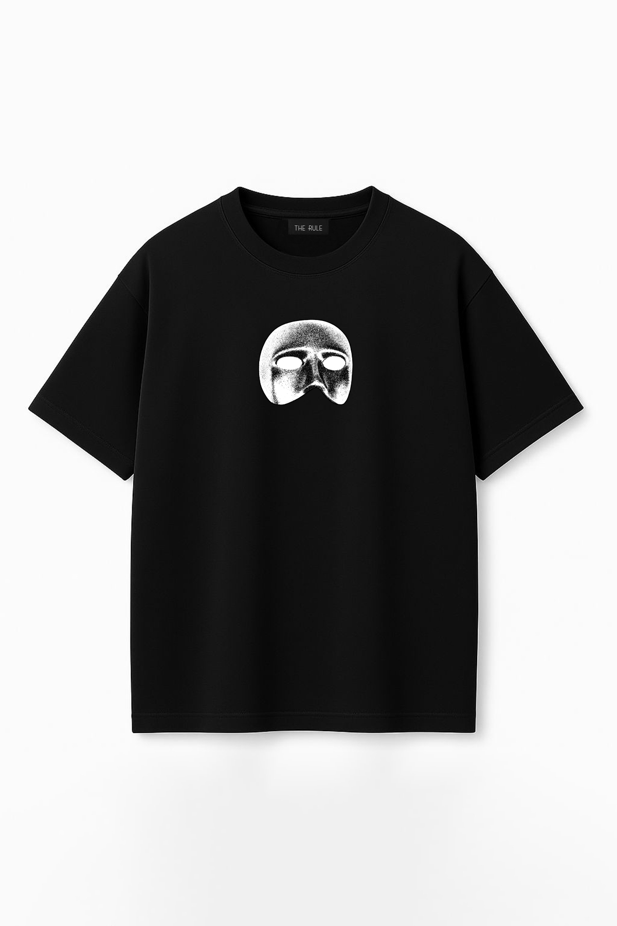 Unisex Maske Baskılı Oversize %100 Pamuk Geniş Kesim Dokulu Bisiklet Yaka Siyah Tişört RF0658