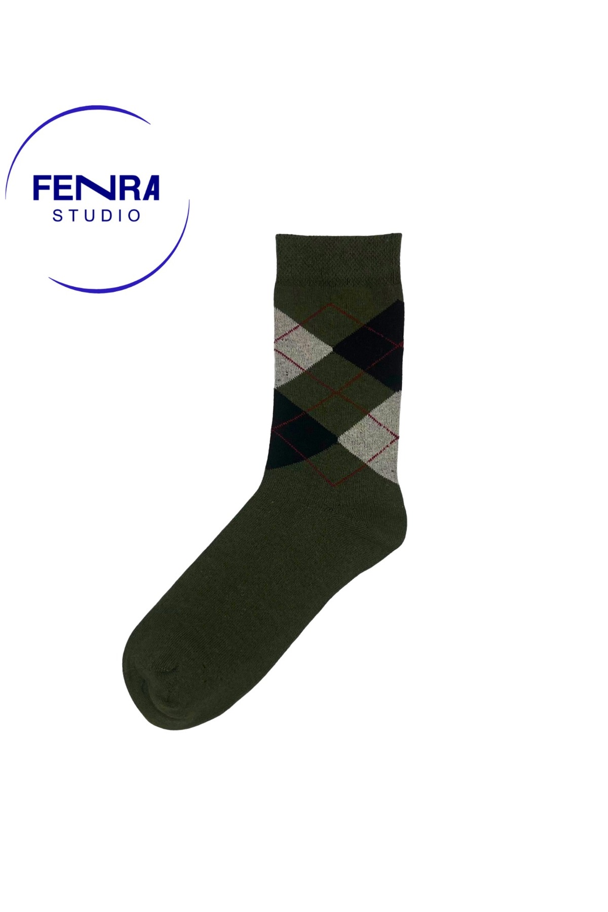 Women's Olive Green Black Argyle Cotton Classic Crew Socks
