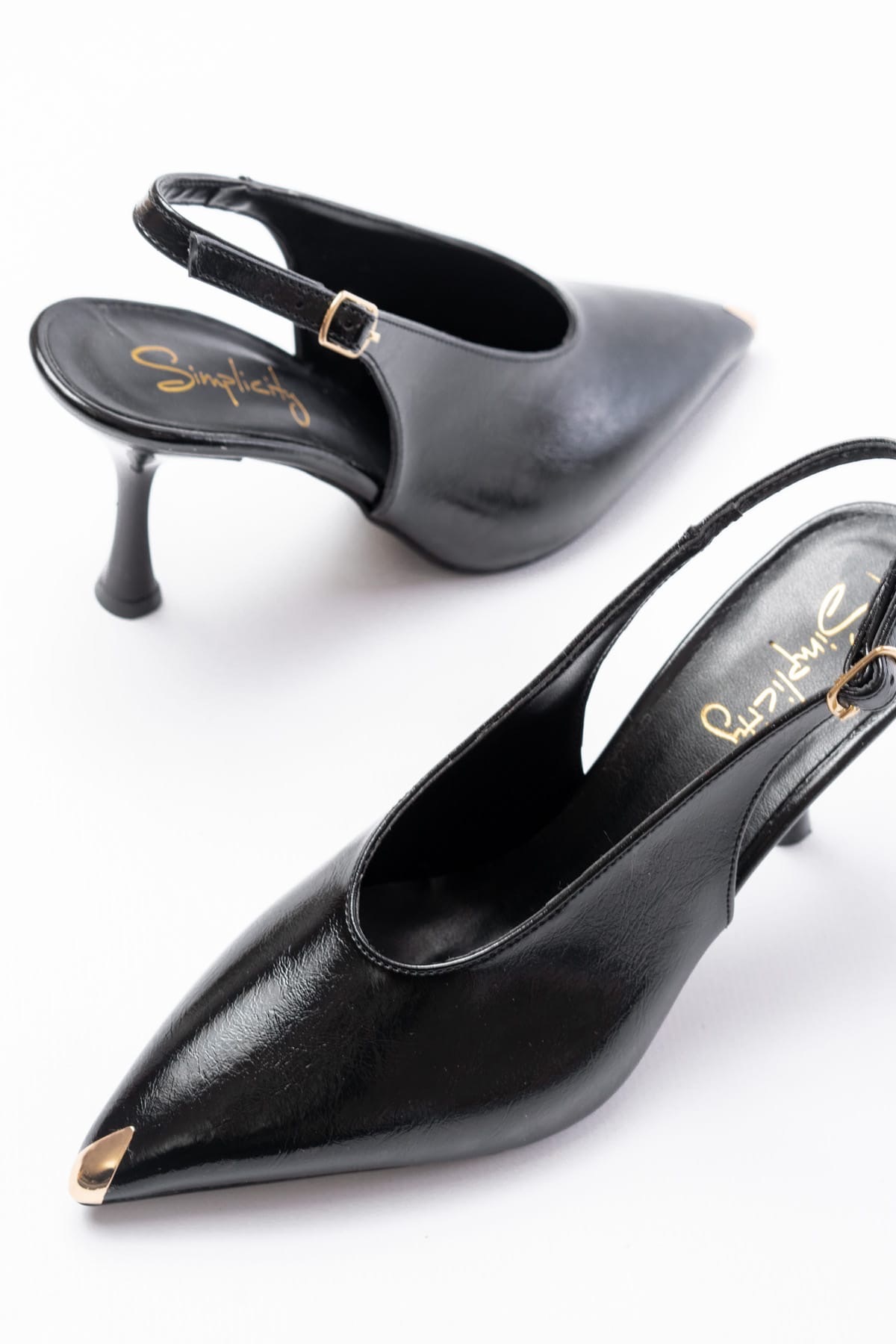 simplicity  Gold Detaylı Siyah Rugan Slingback Topuklu Ayakkabı - Kadeh Topuklu Abiye Ayakkabı - Görsel 2