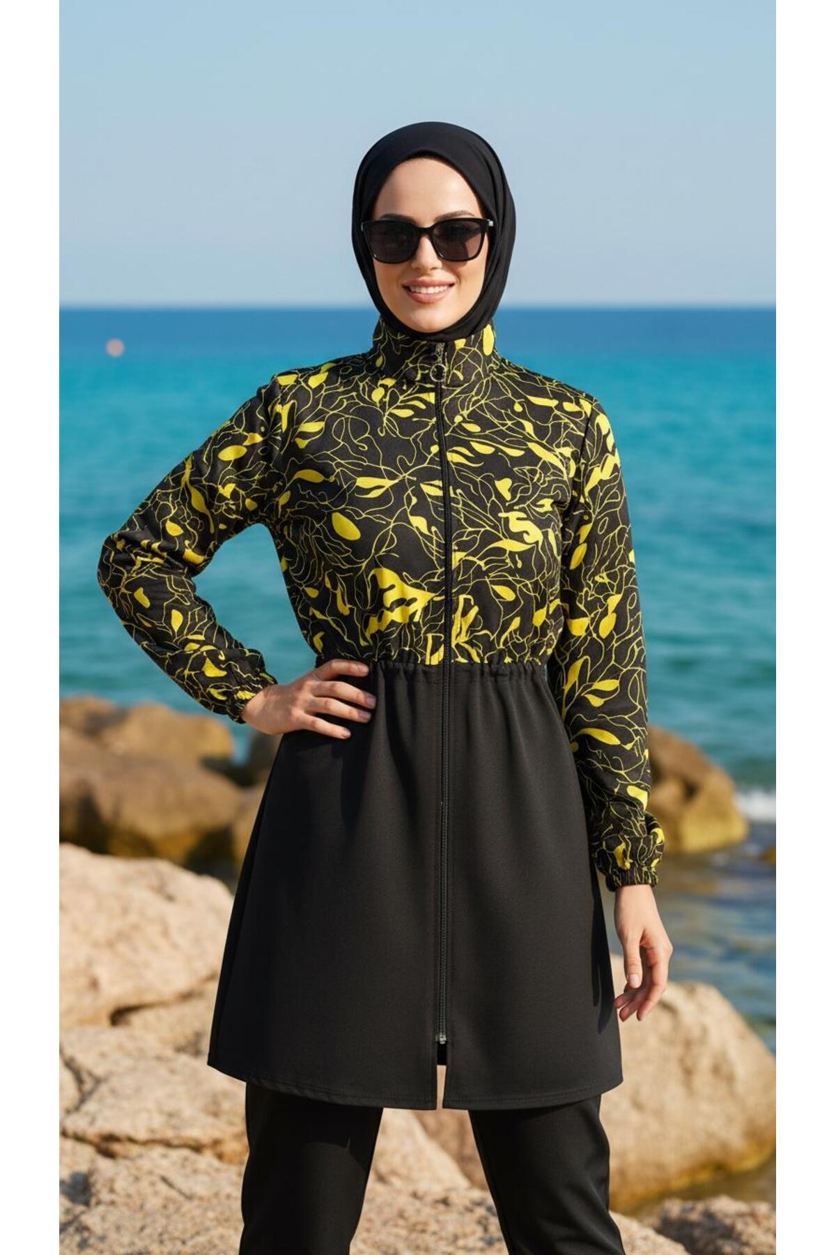 Full Closed Pattern Hijab Modest Swimsuit 3-Piece Set Parachute Fabric