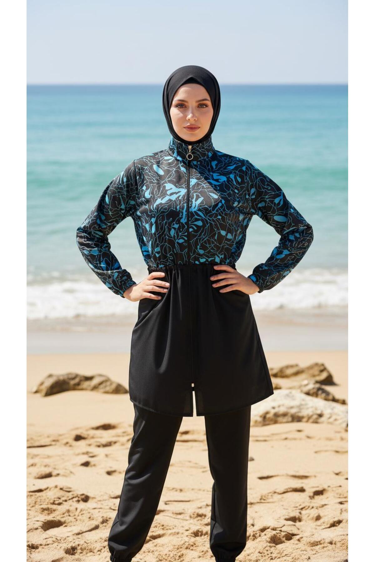 Full Closed Pattern Hijab Modest Swimsuit 3-Piece Set Parachute Fabric