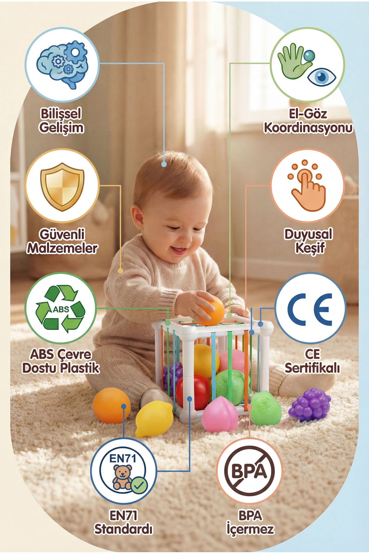 BBSKY Montessori Meyve Tanıma ve Zeka Geliştirici Duyusal Küp-Bebek Aktivite Oyuncağı, İnce Motor Gelişimi fotoğrafı 5 (önizleme)