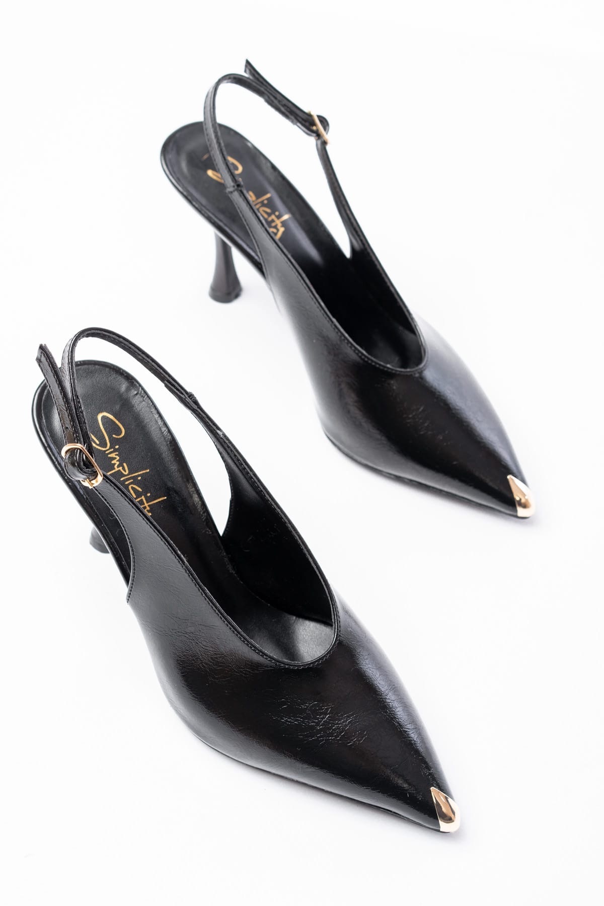 simplicity  Gold Detaylı Siyah Rugan Slingback Topuklu Ayakkabı - Kadeh Topuklu Abiye Ayakkabı