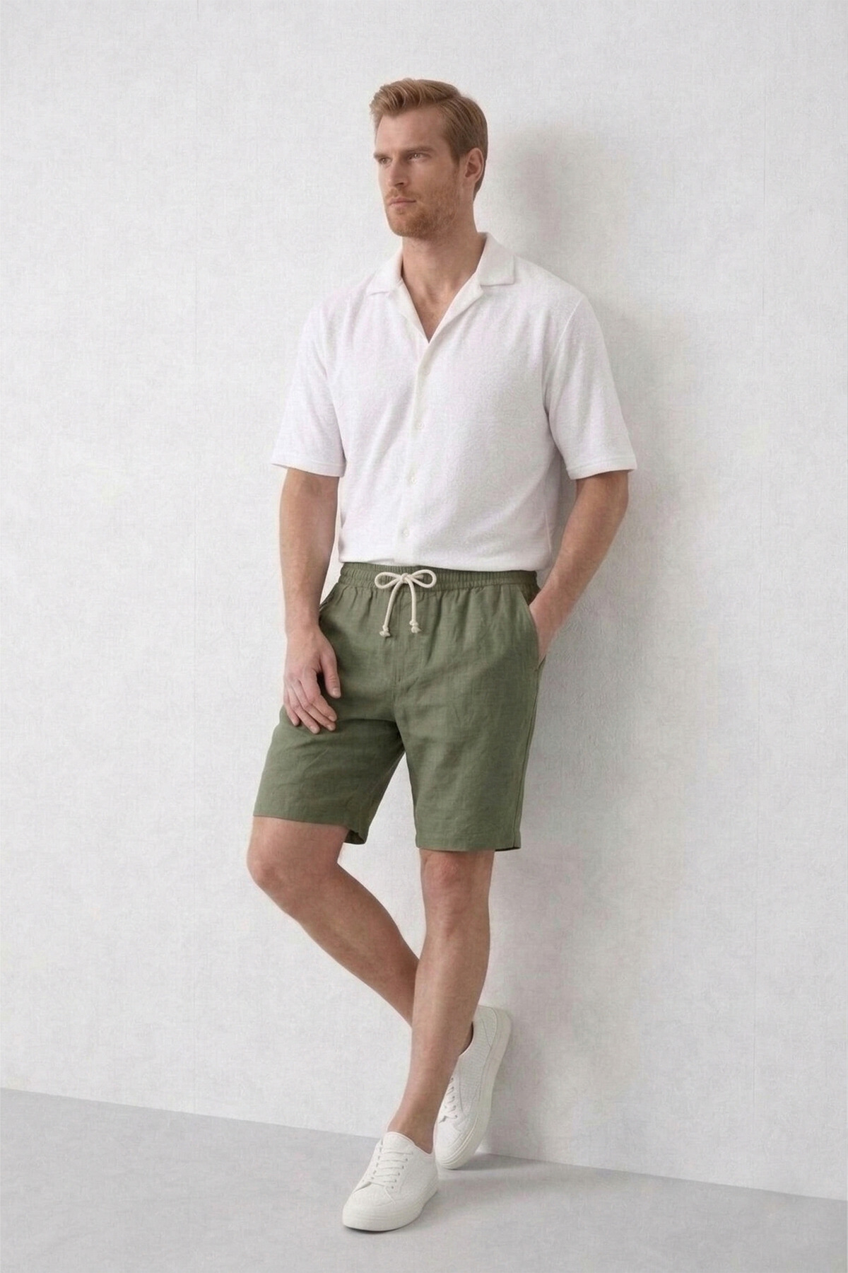 OXVİN  Erkek Haki Müslin Keten Şort %100 Pamuk Arka Cepli Tam Kalıp - Görsel 3