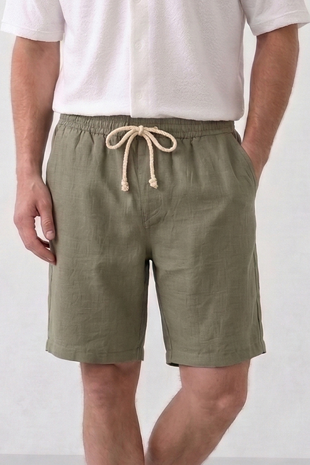 OXVİN  Erkek Haki Müslin Keten Şort %100 Pamuk Arka Cepli Tam Kalıp