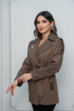 Eccim Fashion Deri Yakalı Cepli Broşlu Astarlı Kısa Kadın Ceket Trençkot