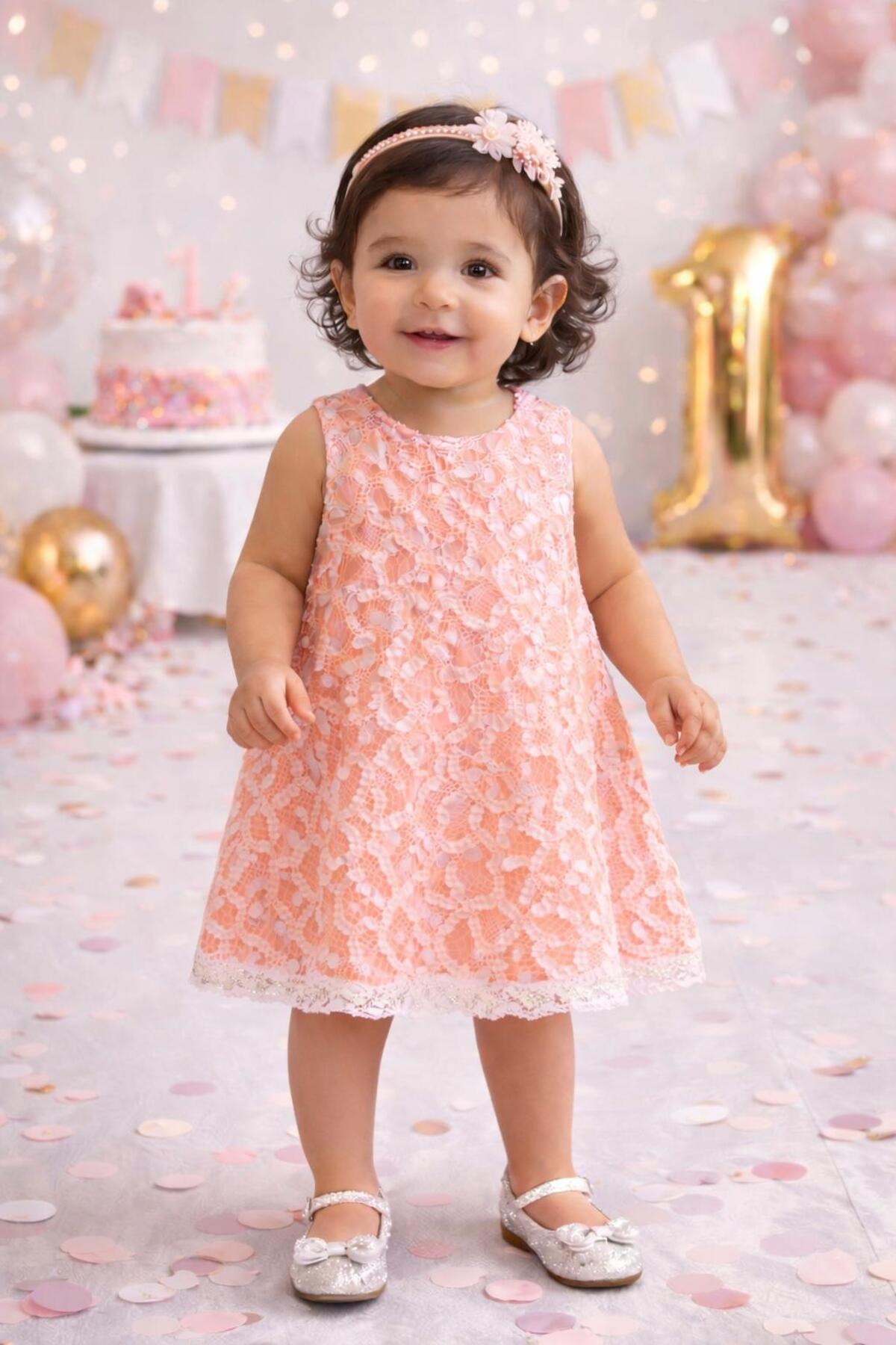 Kuzucuk Kids Bebek Çocuk Butik Kız Bebek Koyu Somon Simli Dantel Doğum Günü / Özel Gün Elbisesi 1 Yaş