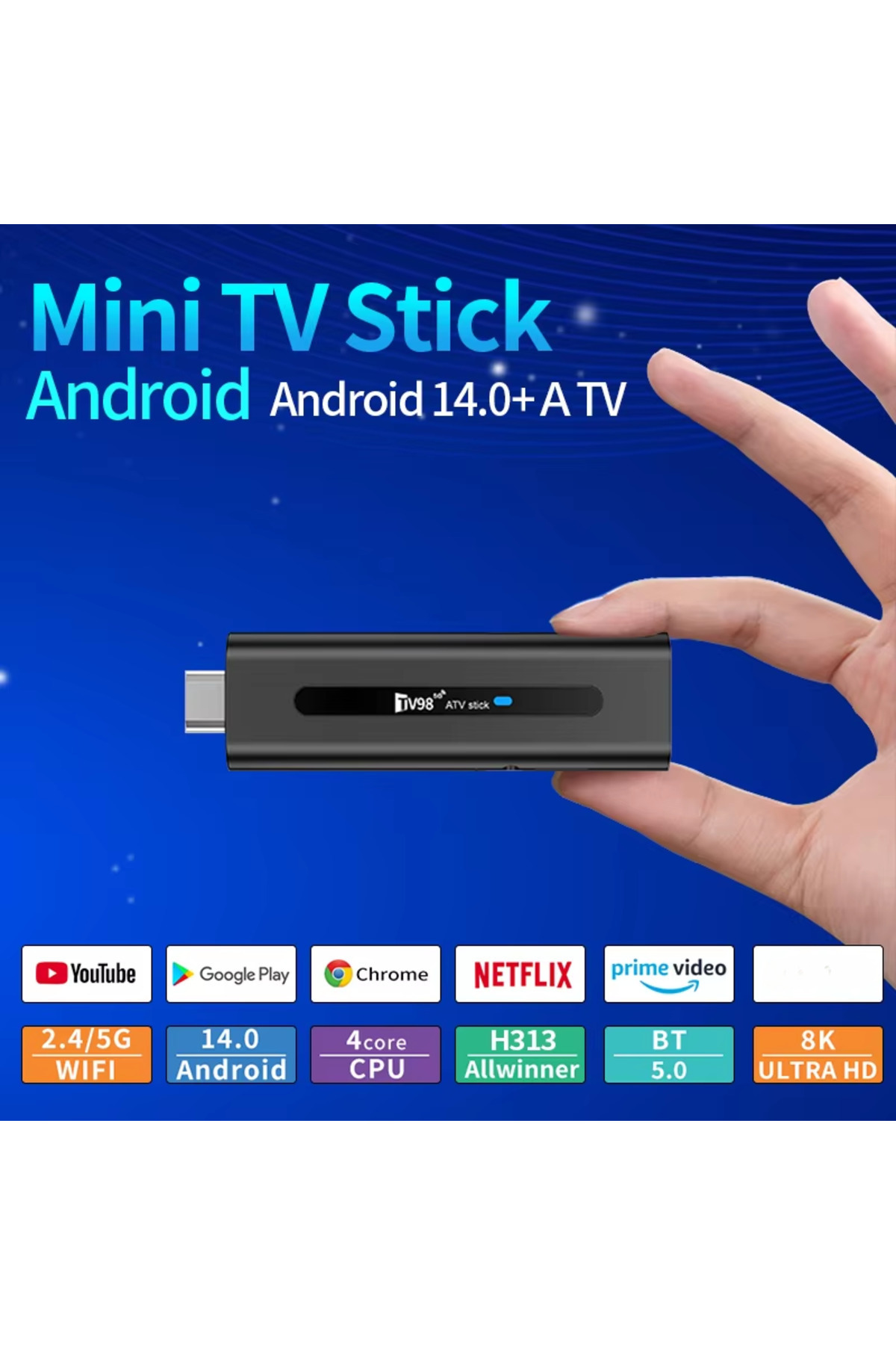 TV98 4K Ultra HD Android Smart TV Stick - Wifi Taşınabilir Medya Oynatıcı Medya Box