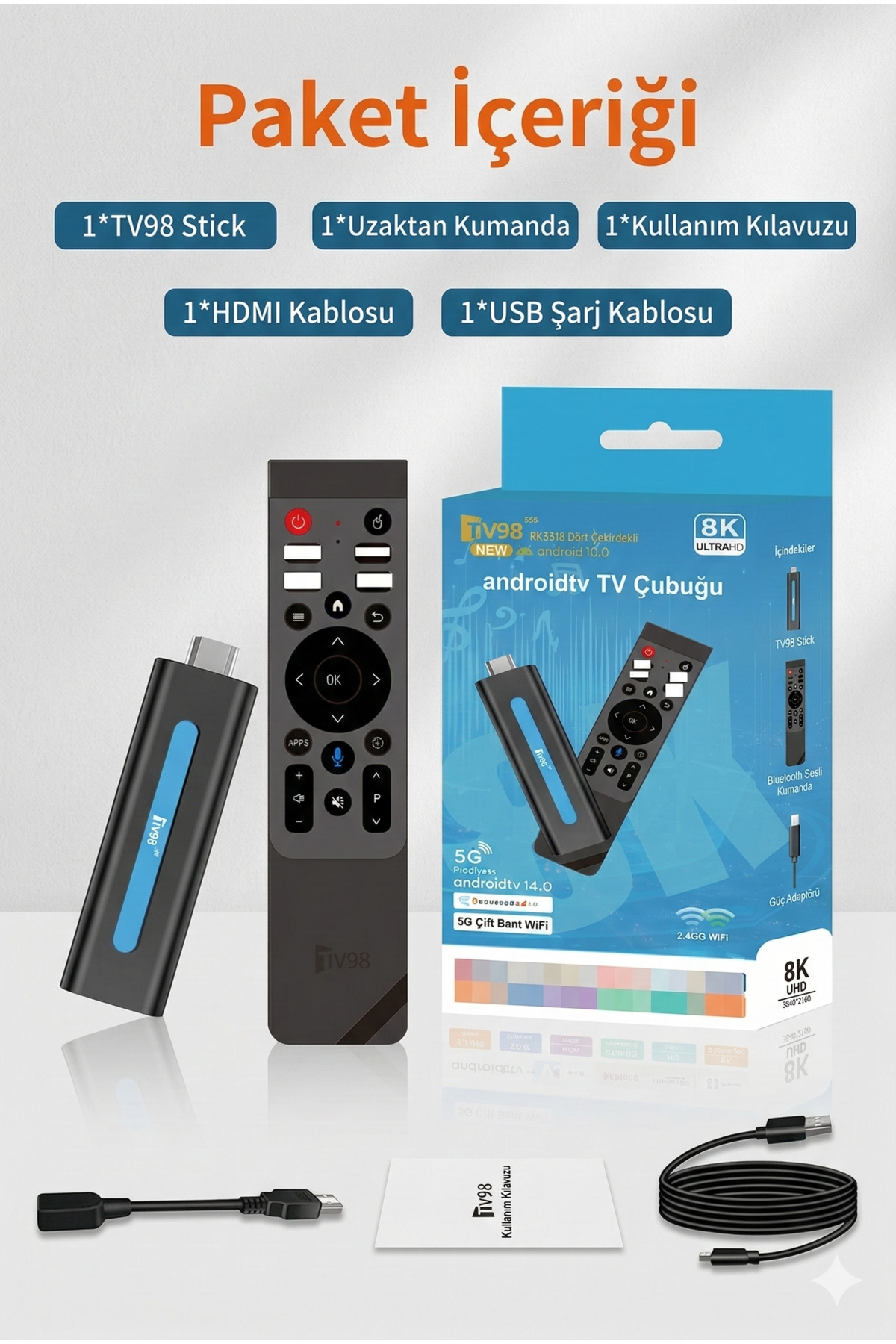 TV98 4K Ultra HD Android Smart TV Stick - Wifi Taşınabilir Medya Oynatıcı Medya Box