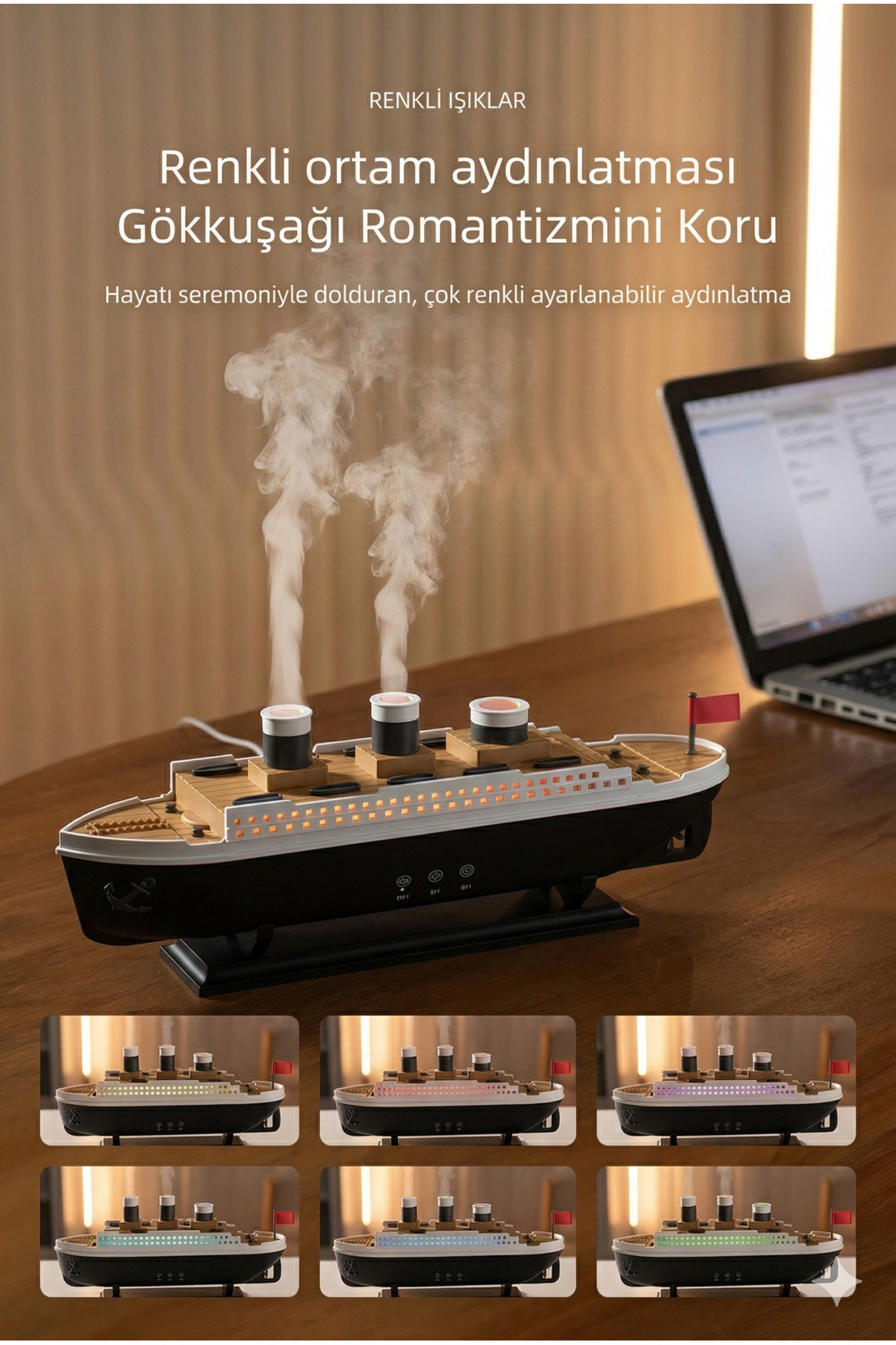 Gemi Vapur Tasarımlı Volkanik Hava Nemlendirici ve Aromaterapi Difüzörü - 250ml Gece Lambalı