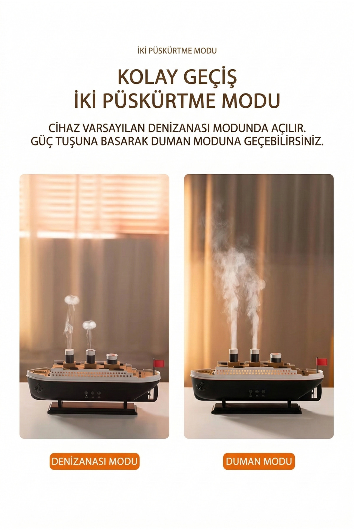 Gemi Vapur Tasarımlı Volkanik Hava Nemlendirici ve Aromaterapi Difüzörü - 250ml Gece Lambalı