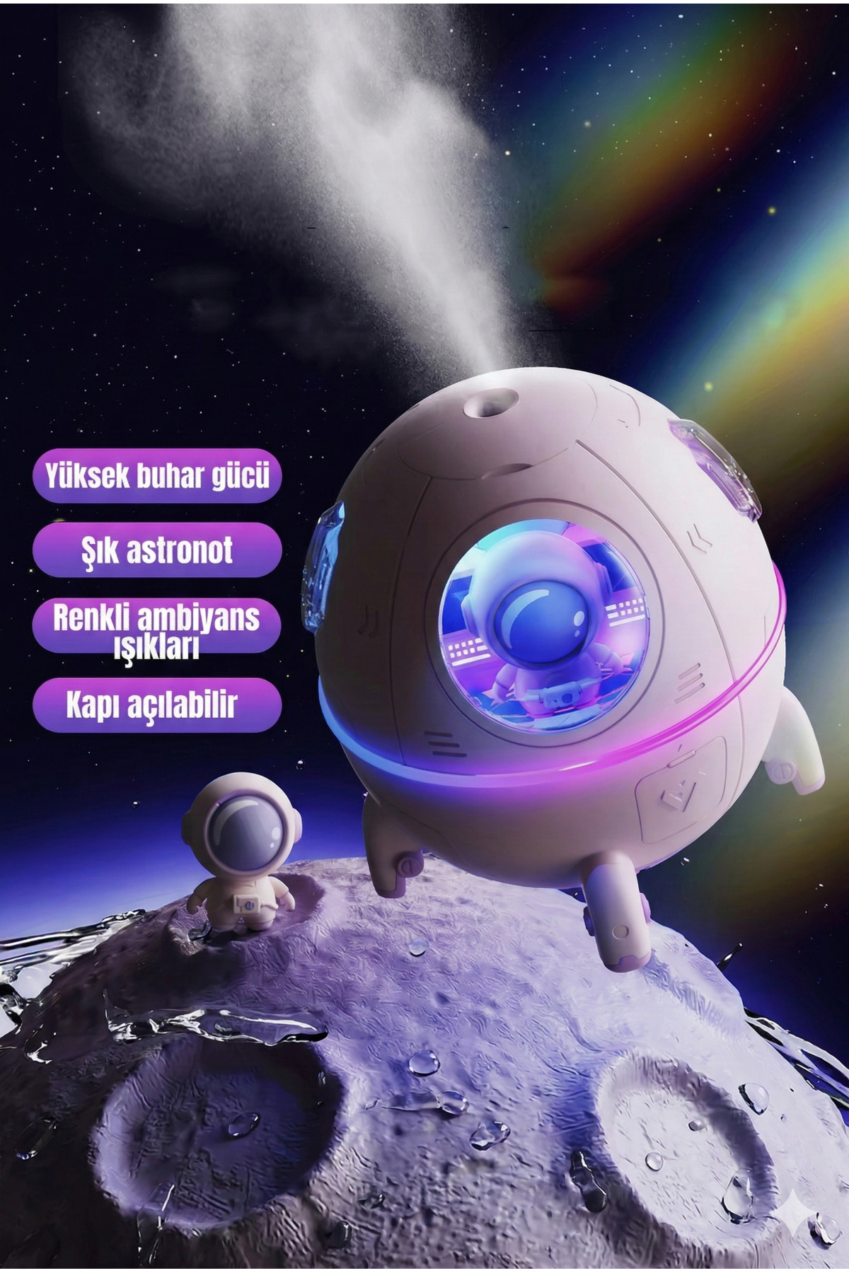 Astronot Figürlü Çocuk Odası Hava Nemlendirici ve Aromaterapi Difüzörü - Gece Lambalı