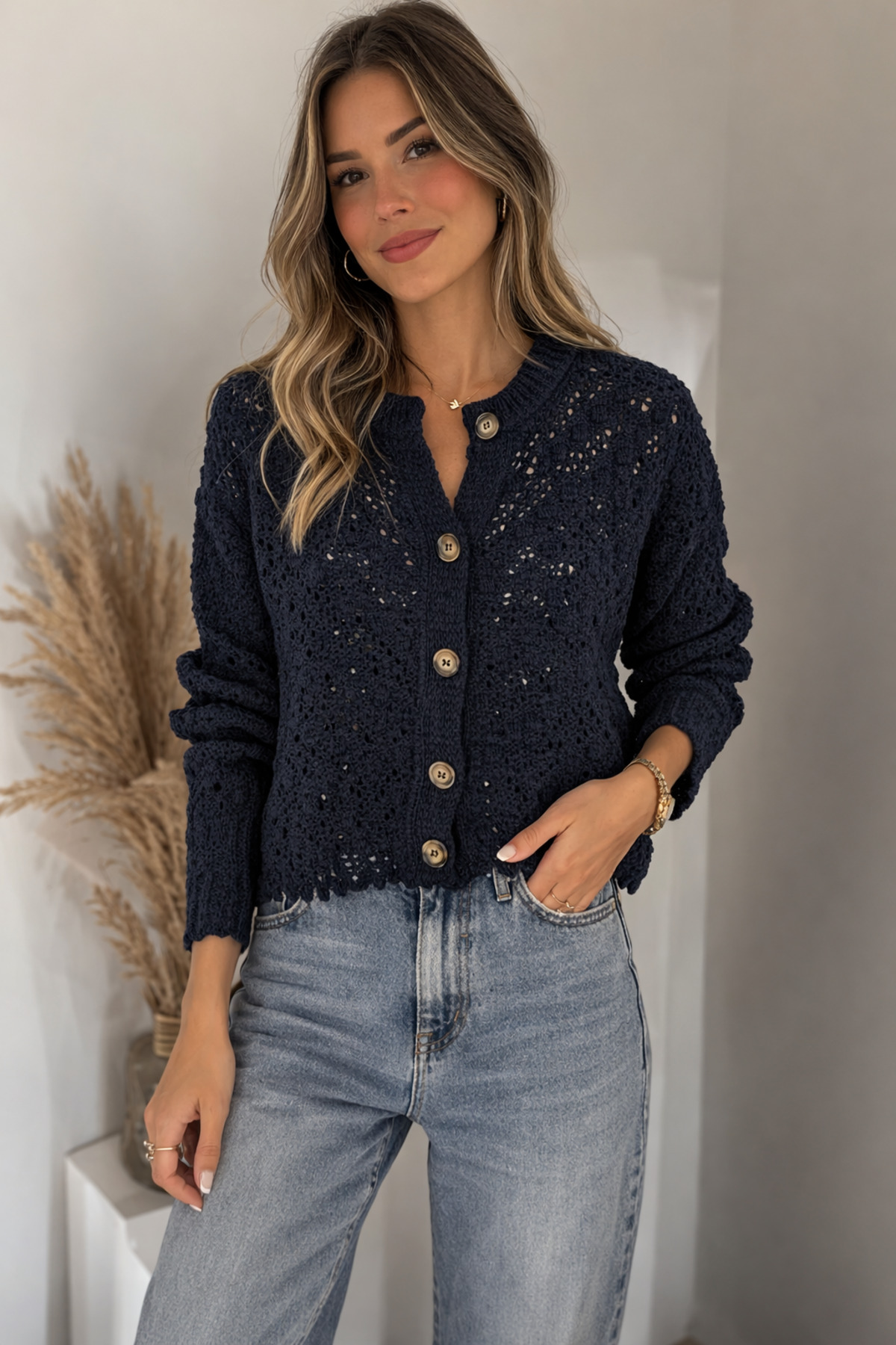 LUNERASTİL  Kadın Lacivert Ajurlu Triko Hırka – Düğme Detaylı Yazlık Örgü Hırka