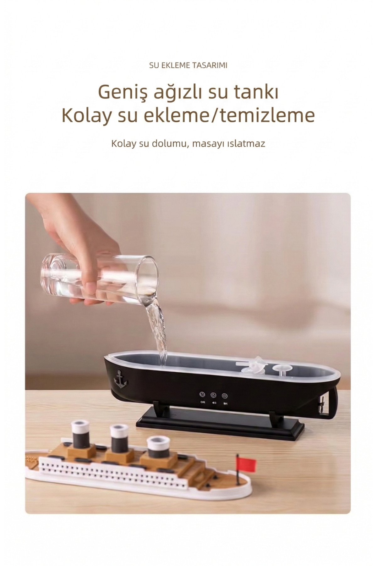 Gemi Vapur Tasarımlı Volkanik Hava Nemlendirici ve Aromaterapi Difüzörü - 250ml Gece Lambalı