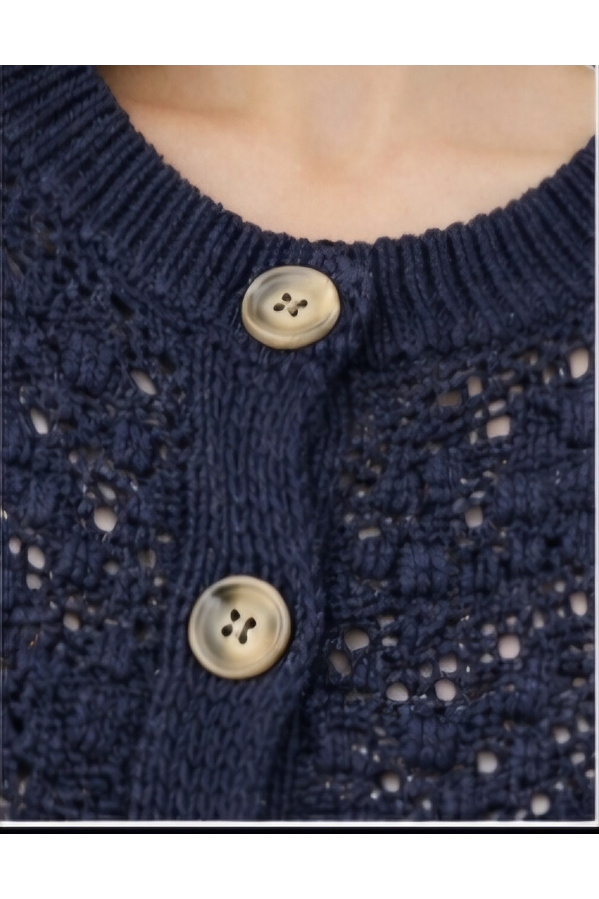 LUNERASTİL  Kadın Lacivert Ajurlu Triko Hırka – Düğme Detaylı Yazlık Örgü Hırka - Görsel 3
