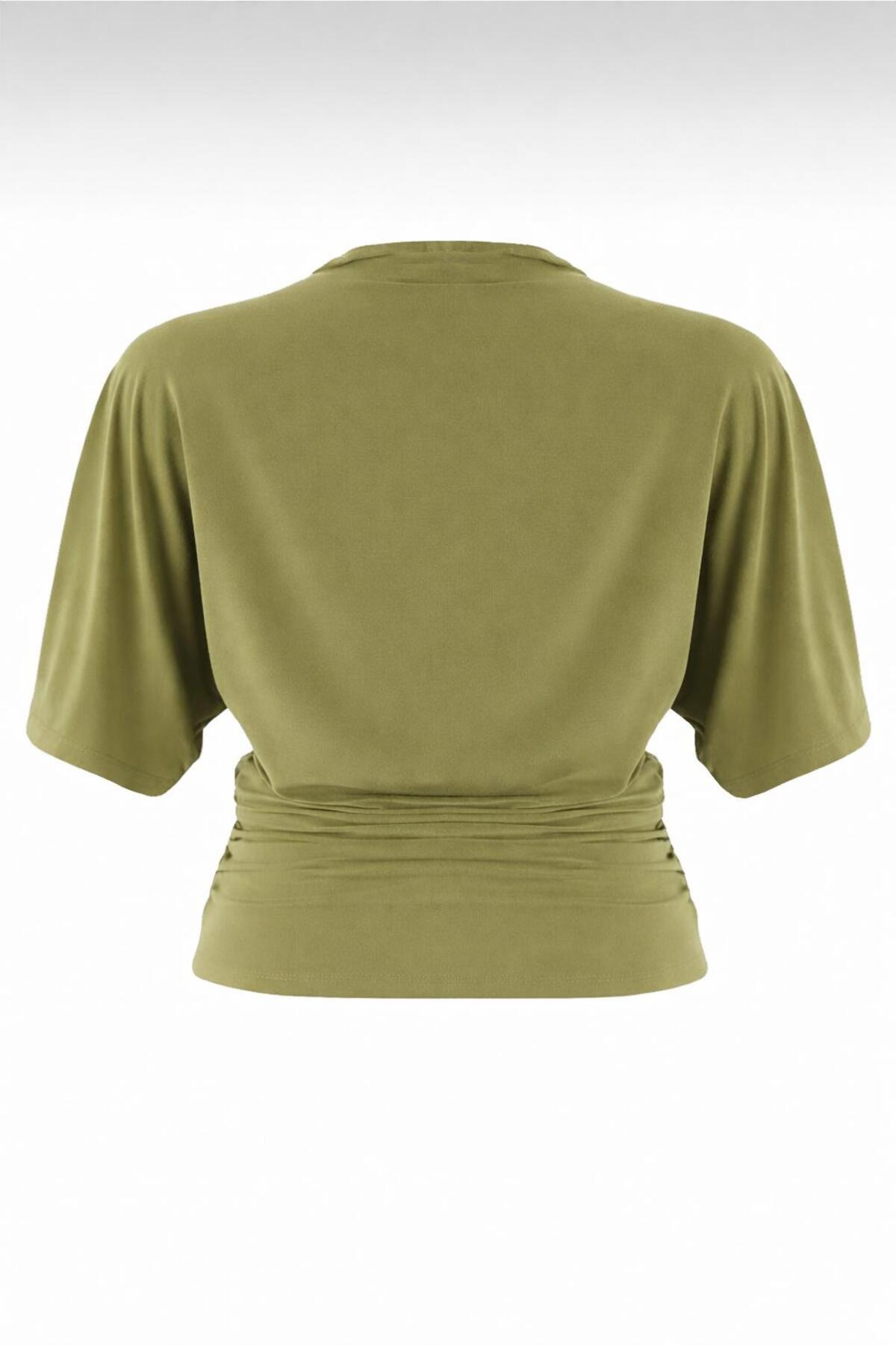 peri tower  Kadın Yağ yeşil Fitted/Vücuda Oturan Kayık Yaka Yarasa Kol Esnek Örme Bluz 0067 - Görsel 2