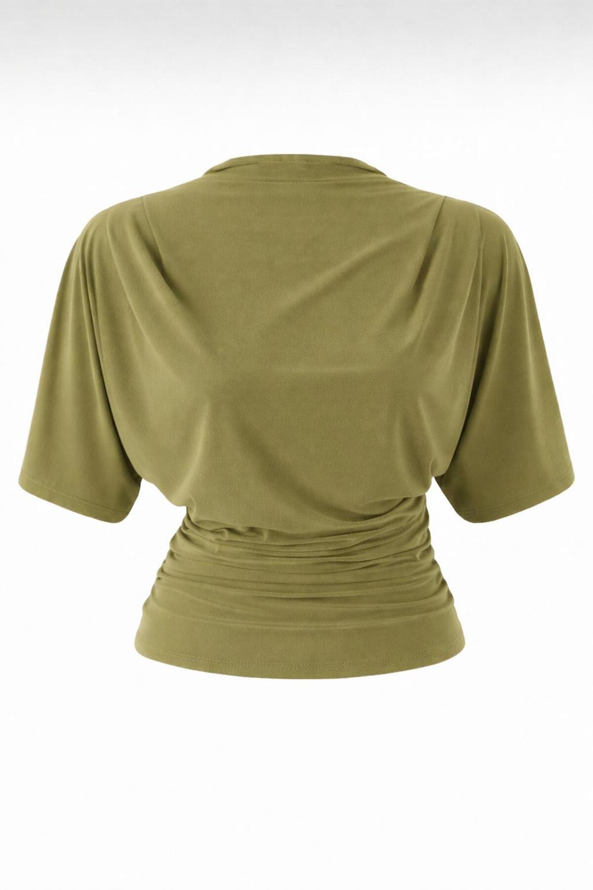 peri tower  Kadın Yağ yeşil Fitted/Vücuda Oturan Kayık Yaka Yarasa Kol Esnek Örme Bluz 0067