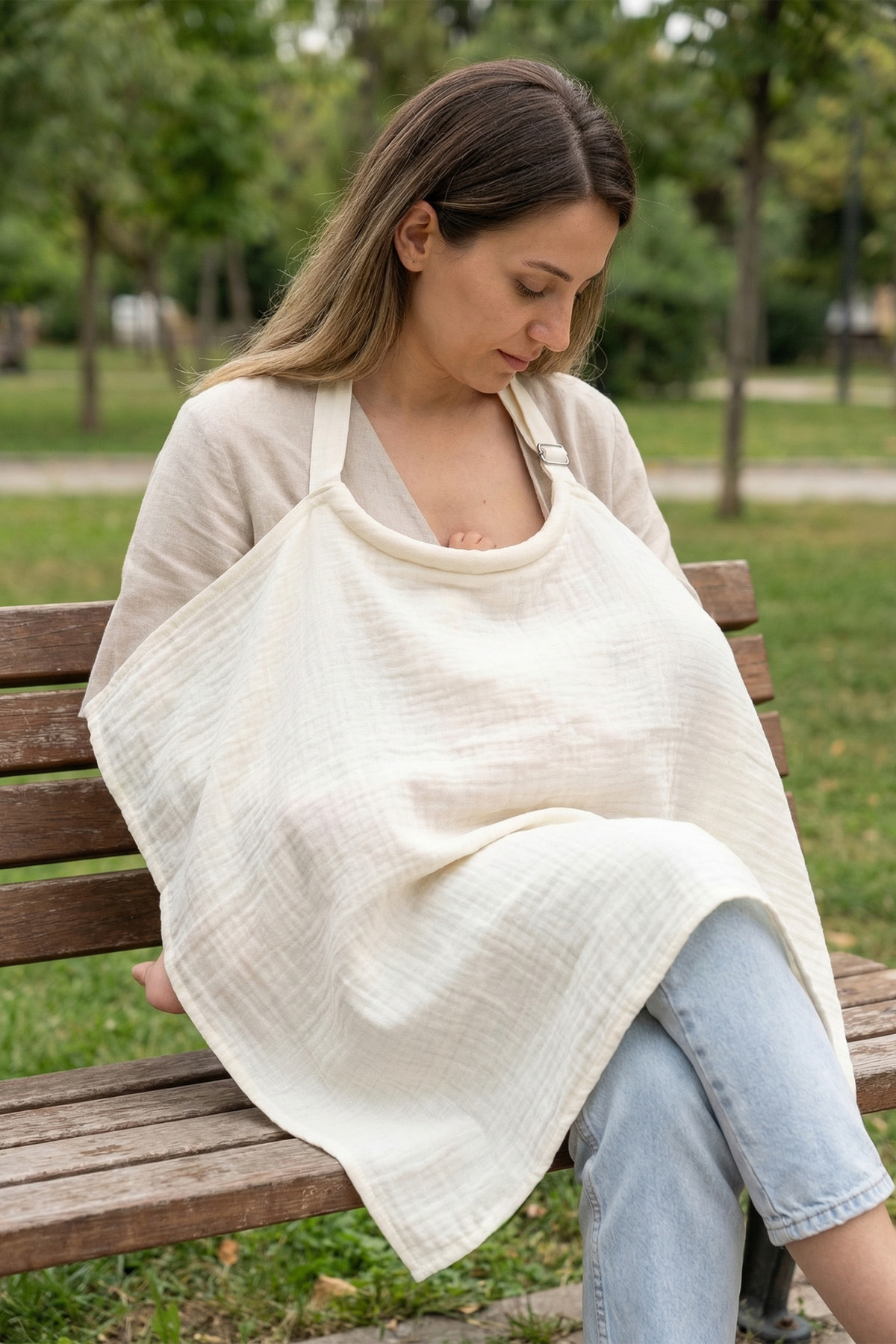 HAMUR Müslin Anne Bebek Emzirme Önlüğü %100 Pamuk Çok Amaçlı Bebek Arabası Puset Örtüsü Ekru fotoğrafı 2 (önizleme)