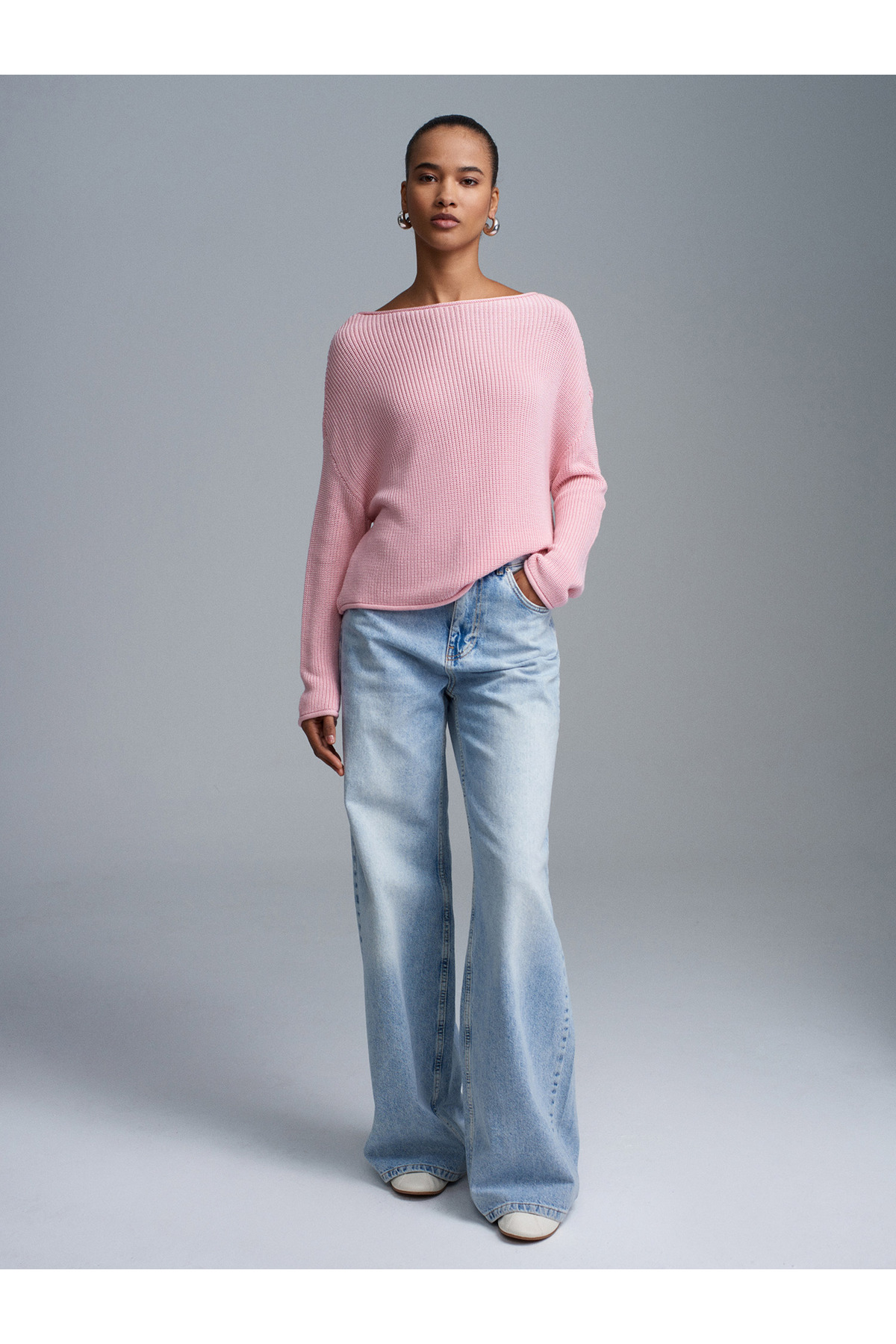 Dilvin 10804 Kayık Yaka Dökümlü Kazak-Toz Pembe görsel 3