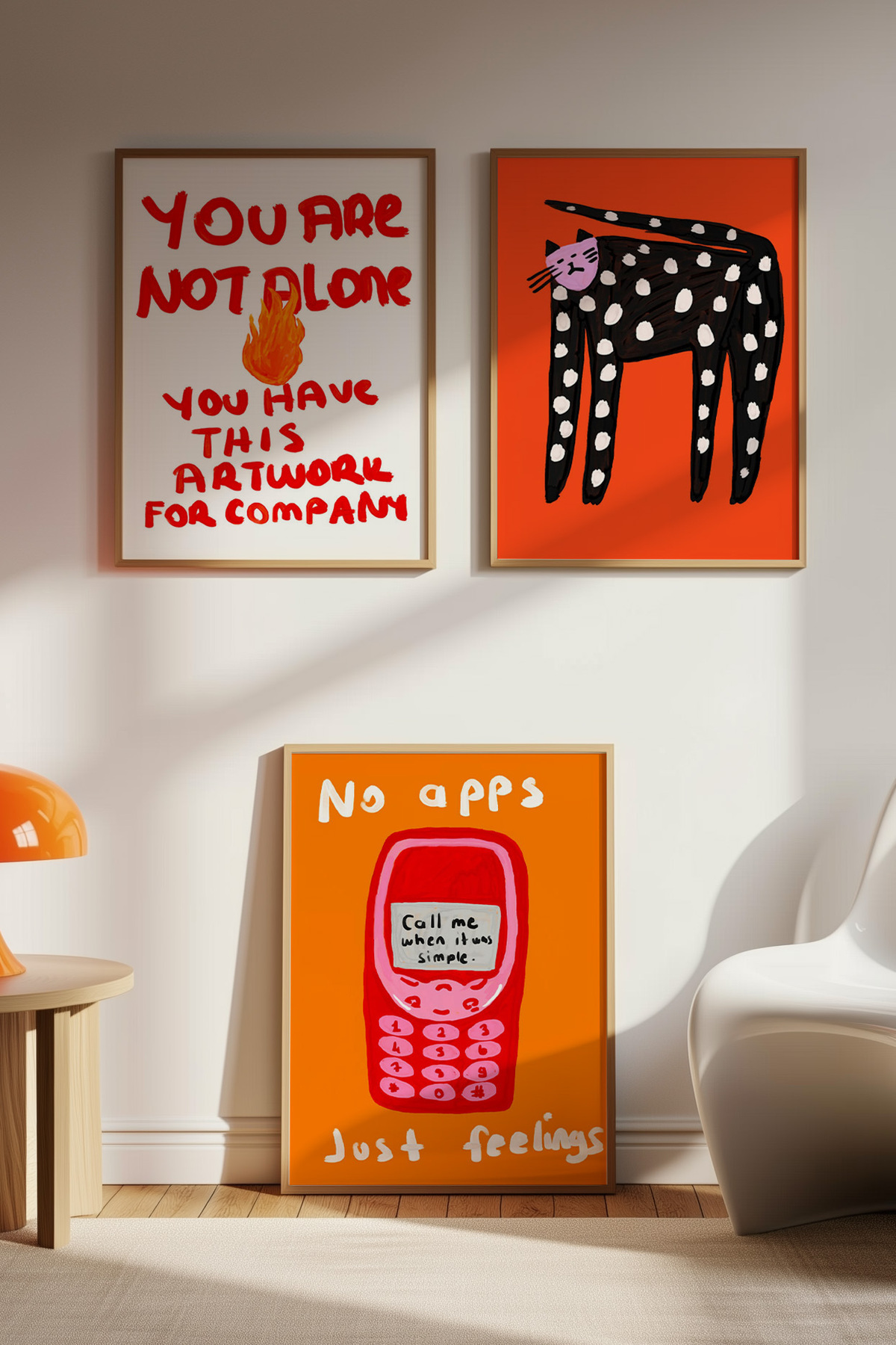 3’lü Modern Tablo Poster Seti Kedi İllüstrasyon Yazılı Pop Art Duvar Dekoru Çerçevesiz