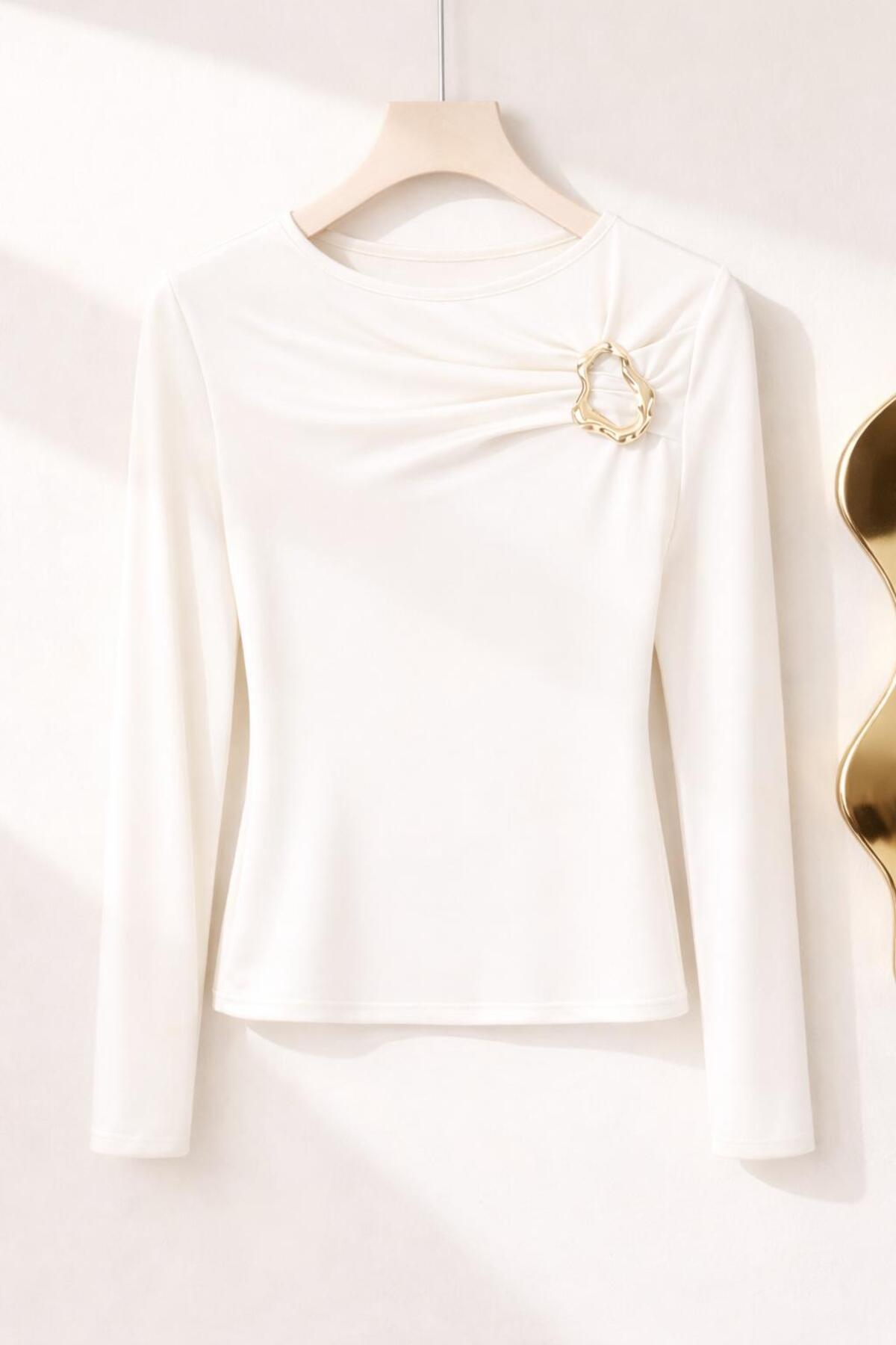 peri tower  YENİ ÜRÜN Kadın Kırmızı Tokalı Göğüs Detaylı Sandy Uzun Kollu Bluz 0068 - Görsel 2