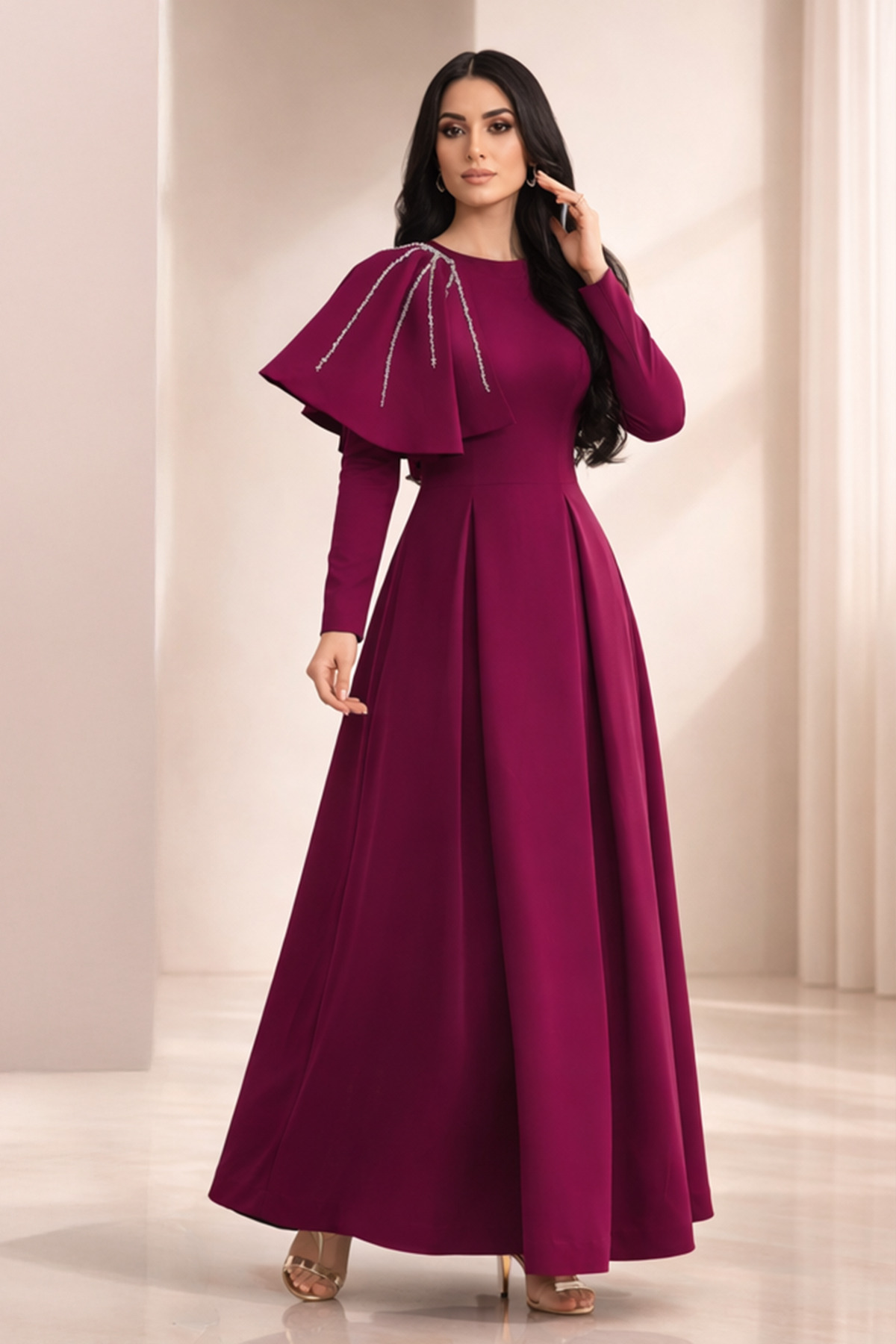 فستان تركي عنابي طويل بقصة مطرزة على الكتف