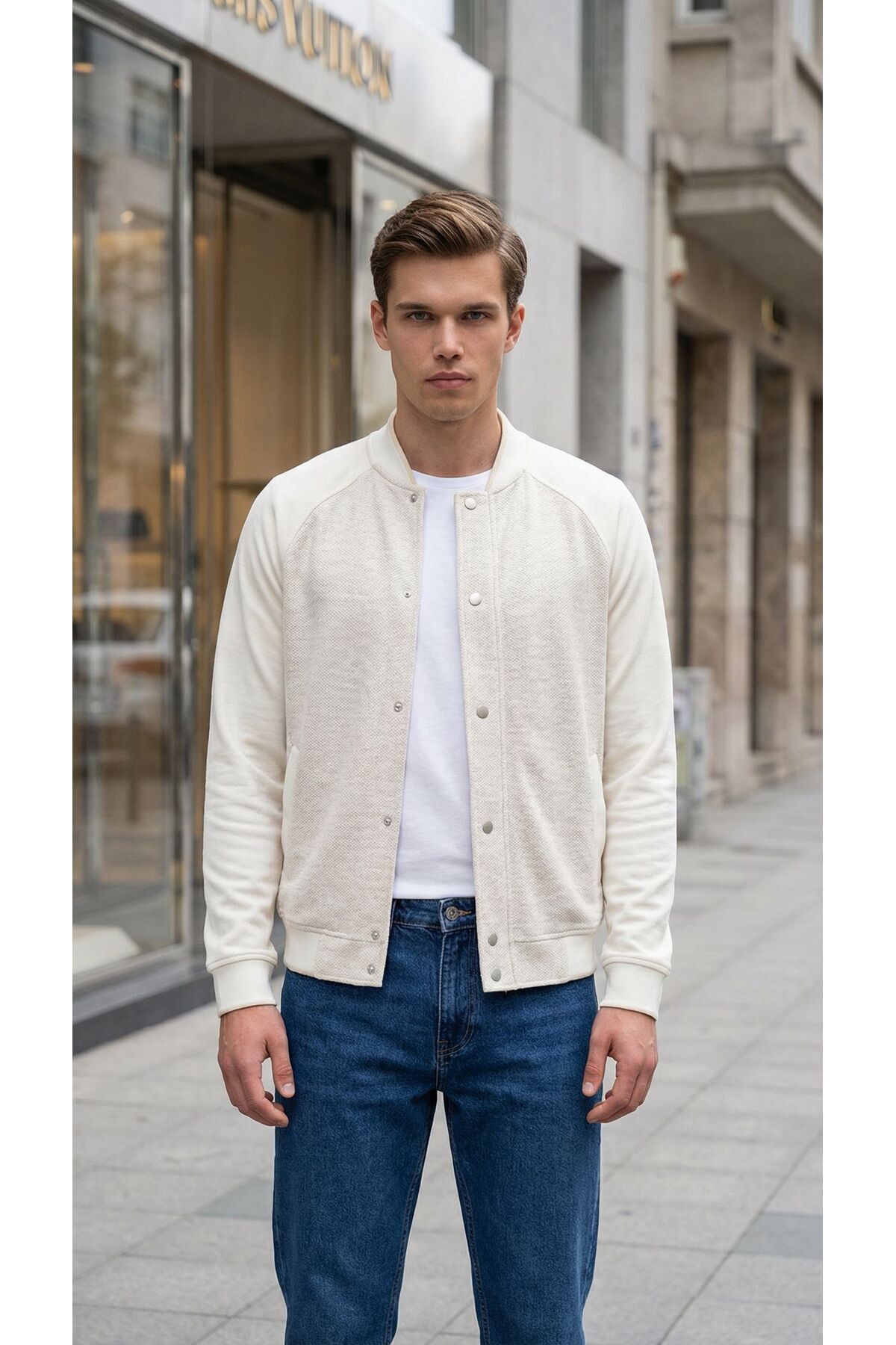 Eight Fashion  Erkek Ekru Çıtçıtlı Modern Bomber Ceket - Görsel 4