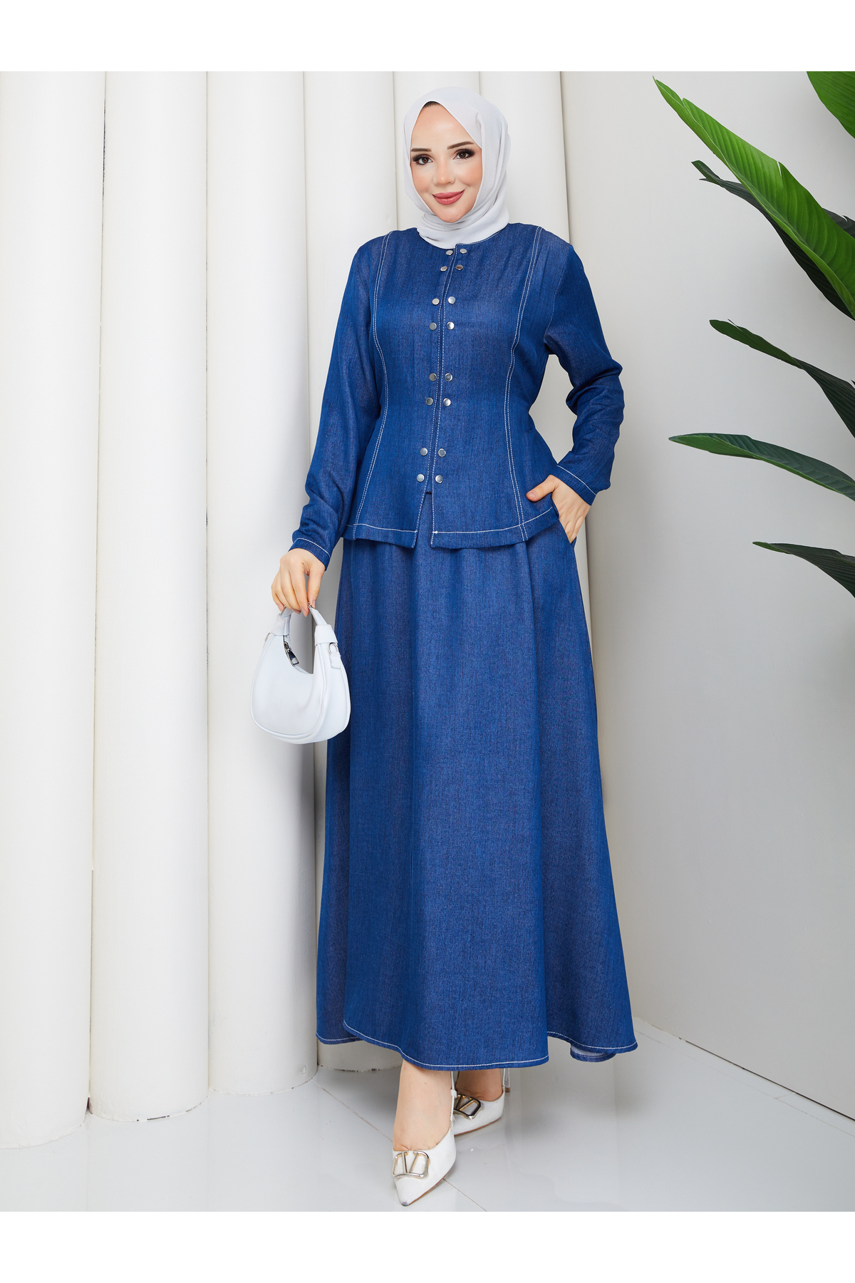Denim Jeans Snap Fastener Shirt & Pocket Skirt Hijab Set RC9026