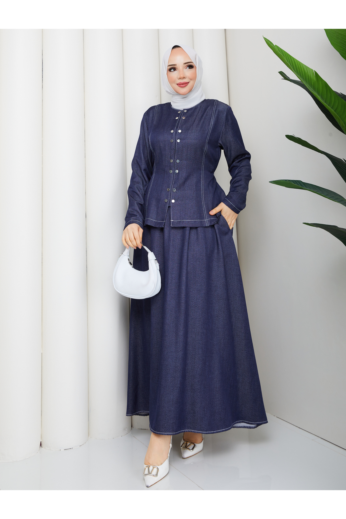 Denim Jeans Snap Fastener Shirt & Pocket Skirt Hijab Set RC9026