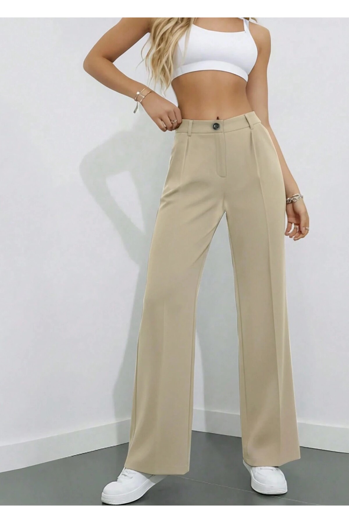 Hera Moda Kadın Bej Yüksek Bel Pileli Bol Kesim Pantolon görsel 4