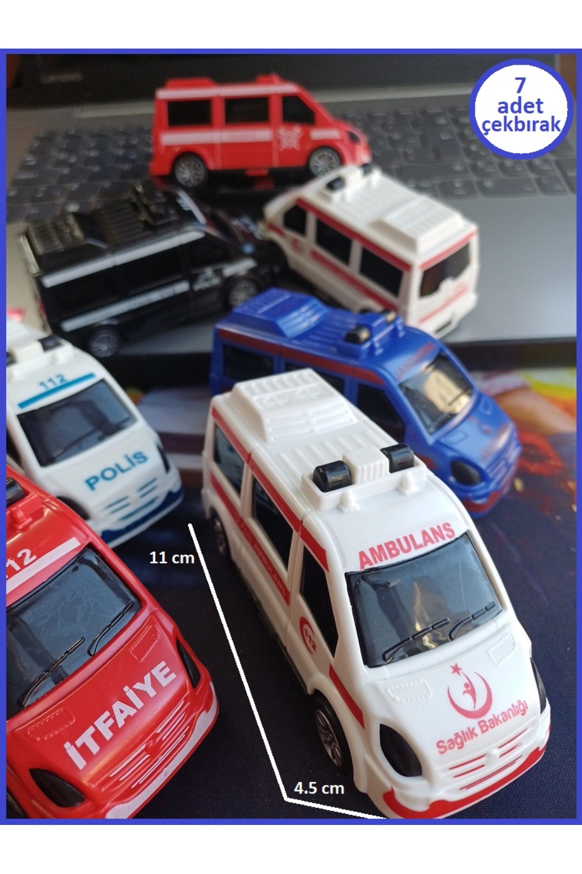 OYUNCAKSAHİLİ Araç Set 7 Adet Geri Çekbırak 112 Acil Minibüs Seti Ambulans itfaiye Polis Jandarma Emniyet 11CM fotoğrafı 5 (önizleme)