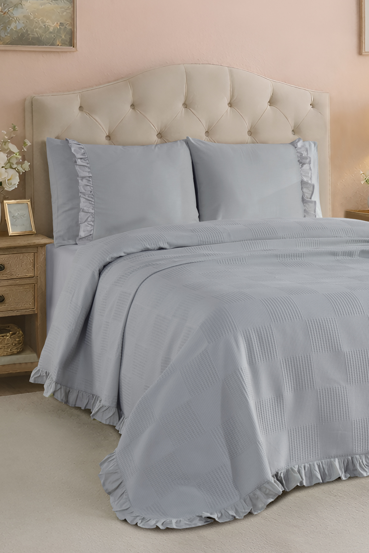 100% Cotton Ruffle Quilting Cover Double Solid Gray (1 Piece)