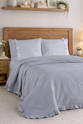 Enlora Home %100 Pamuk Fırfırlı Pike Seti Çift Kişilik Twin Mavi (3 Parça)